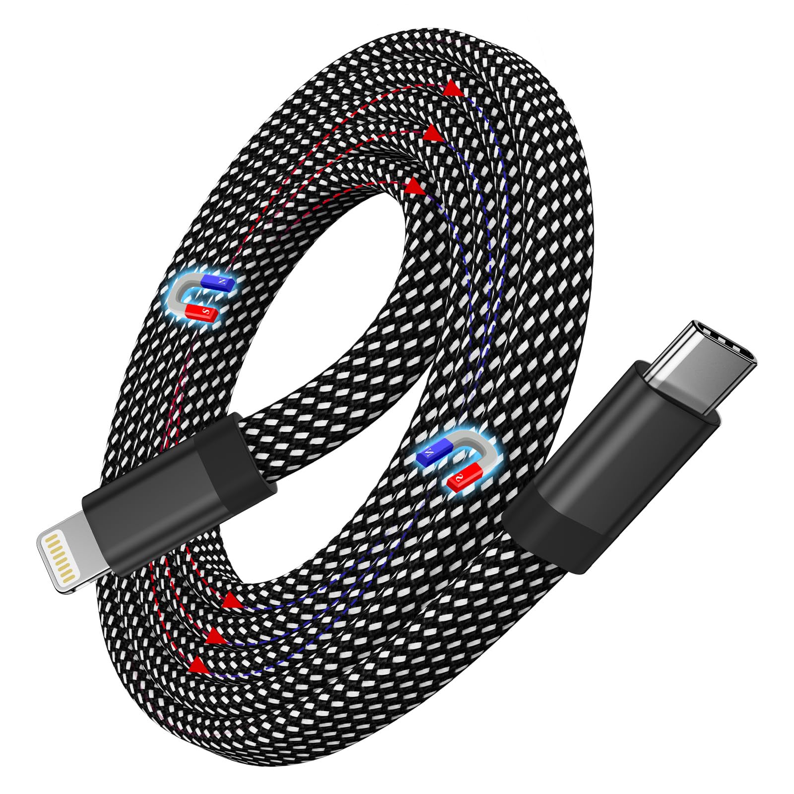 Magtame MFi Certified Magnetic USB C to Lightning Cable - 3.3ft Coiled Braided Fast Charging Cable for iPhone 14/13/12/11/8/SE - Durable Flat Design for Home, Office & Travel Charging