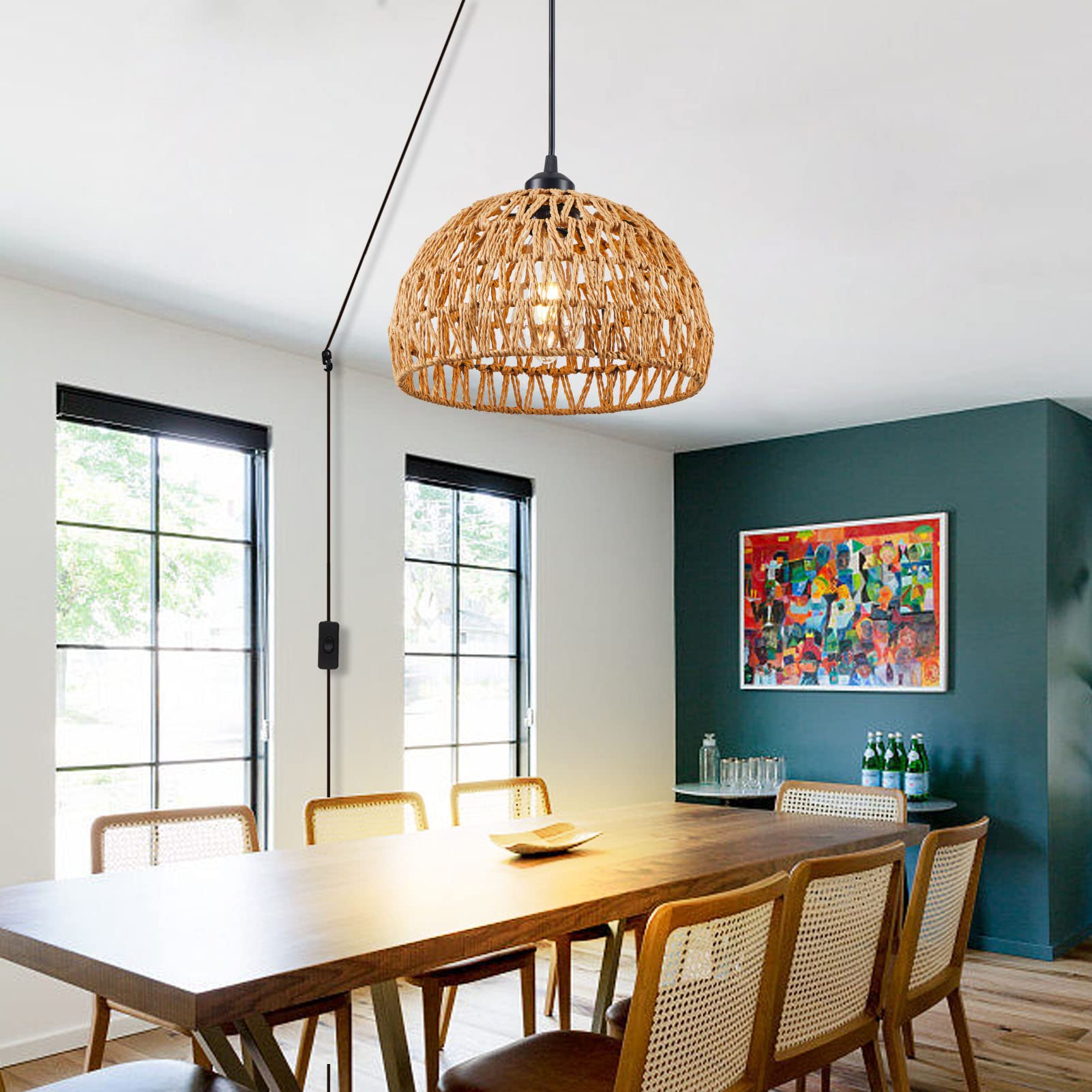 15 Ft Hemp Rope Plug-in Rattan Pendant Light - Boho Wicker Basket Lamp Shade with Plug-in Cord for Kitchen Island, Dining Room & Bedroom Lighting (Brown)