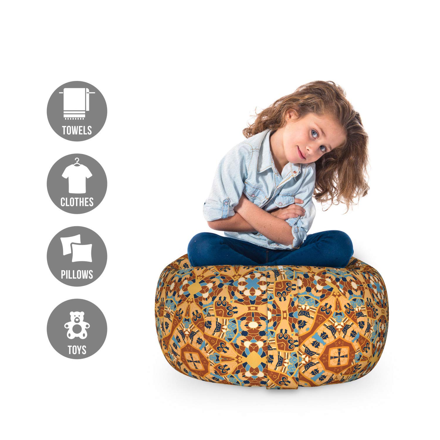 Ambesonne Orange Mandala Toy Storage Bag Chair - African Bohemian Ethnic Abstract Design, Washable Stuffed Animal Organizer, Small Multicolor - Perfect for Kids' Room, Nursery, and Playroom Organization