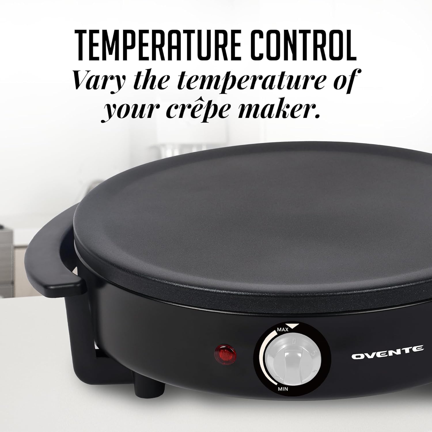OVENTE 12-Inch Nonstick Electric Crepe Maker & Pancake Griddle with Adjustable Temperature Control, LED Indicator - Perfect for Breakfast, Brunch & Dessert Making at Home - Includes Wooden Spatula & Batter Spreader (Black, Model CRM1122B)