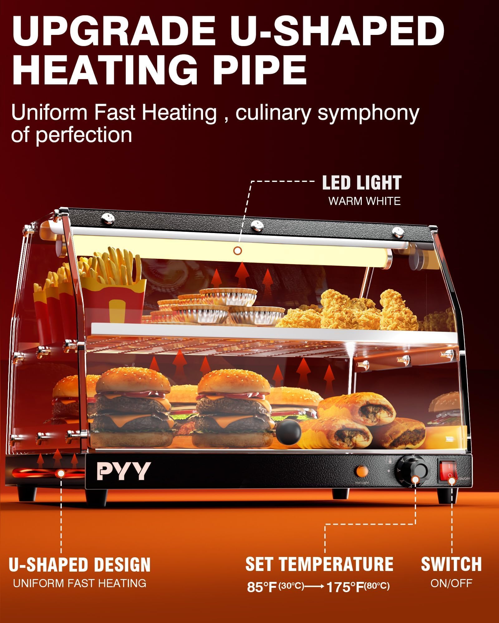 Commercial 2-Tier Pizza Warmer with LED Lighting - Countertop Food Display Warmer for Pastries, Pretzels & Snacks - Perfect for Bakeries, Cafes & Food Trucks
