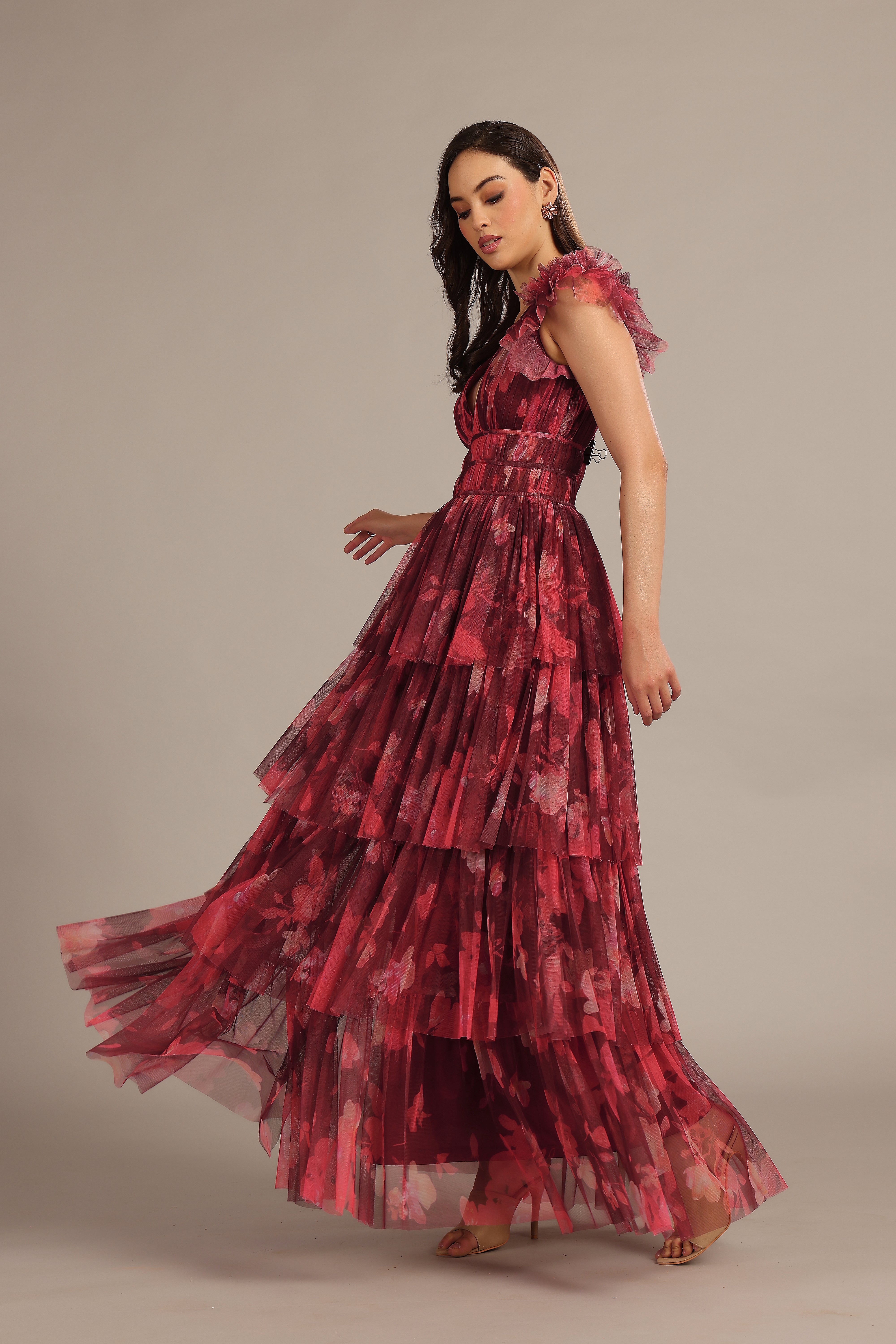 Naomi Women's Maxi Dress - Floral Print Deep Red Long Sleeve Boho Chic Summer Dress for Beach, Vacation & Date Night