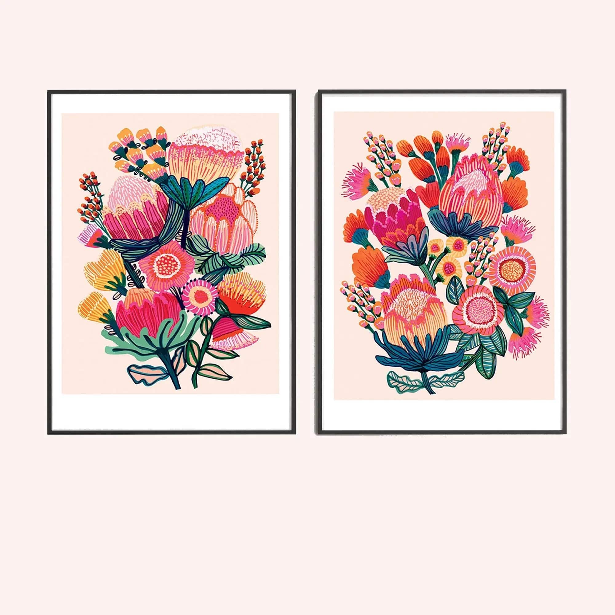 Australian Native Flowers Wall Art Prints - Set of 3 Framed Botanical Paintings for Living Room, Bedroom & Office Decor