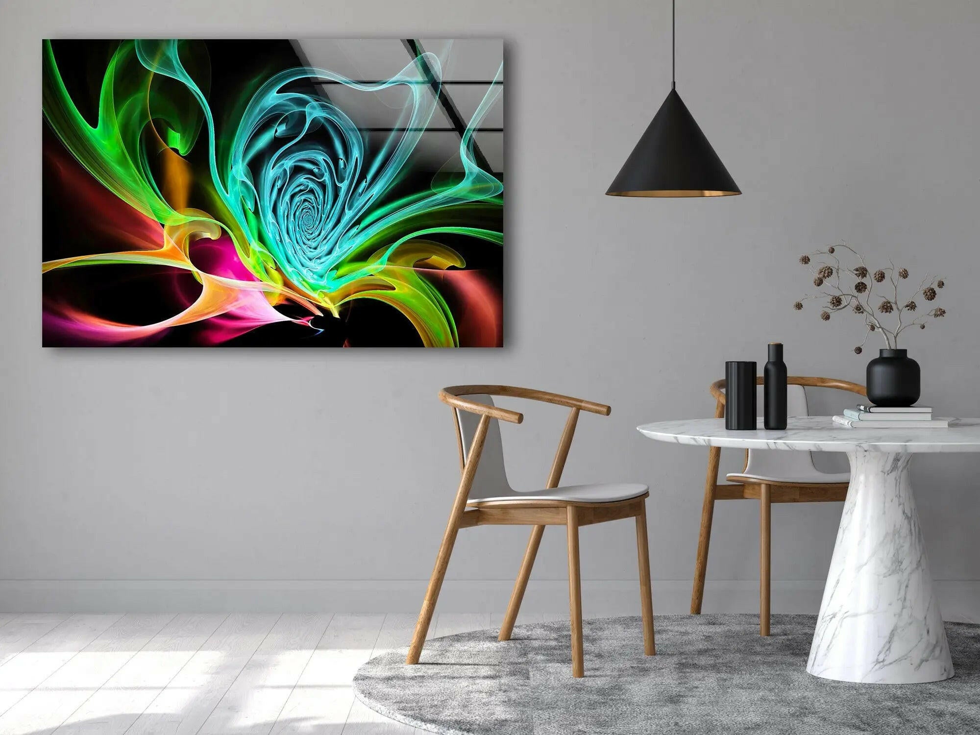 Vibrant Abstract Fractal Neon Glass Wall Art - Modern Home Decor for Living Room, Bedroom & Office - Unique Handmade Glass Painting for Contemporary Interior Design