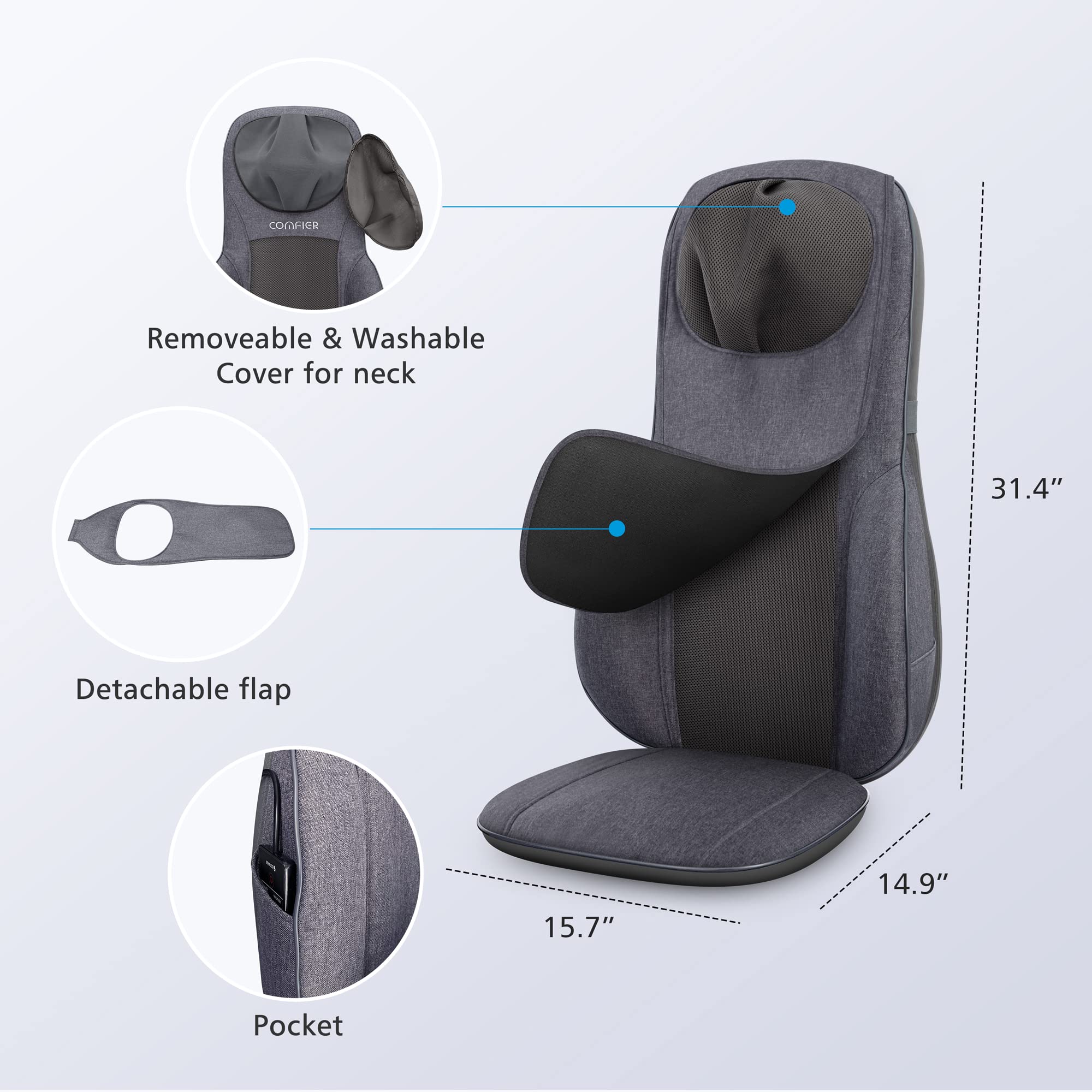 COMFIER Shiatsu Neck and Back Massager with Heat - Adjustable Chair Massage Cushion for Shoulder & Spine Support - Perfect Gift for Parents (Dad/Mom) - Home & Office Relaxation - Gray