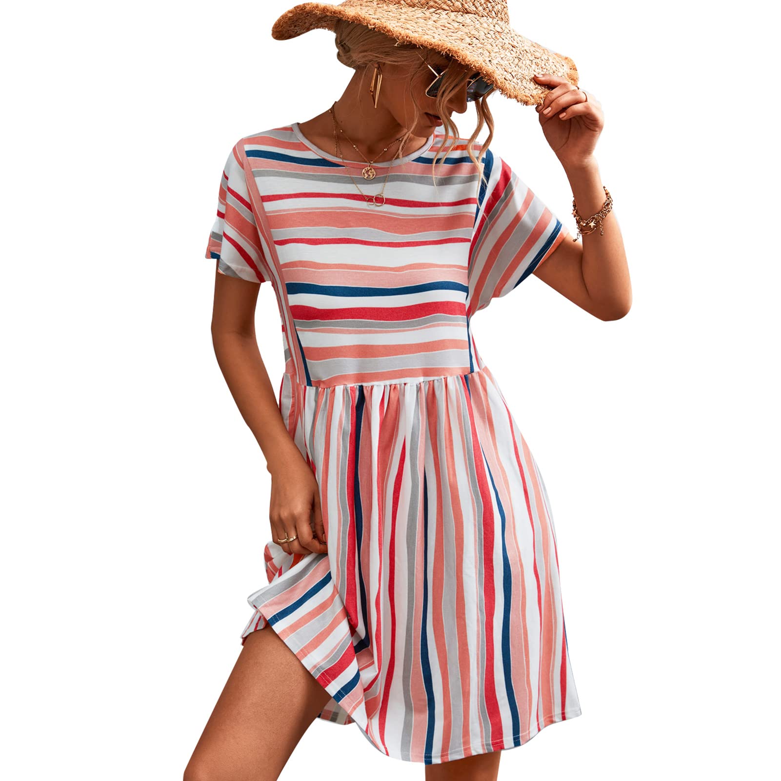 GOTOTOP Women's Striped Short Sleeve Casual Dress - Round Neck Loose Midi Summer Dress for Beach, Vacation & Everyday Wear