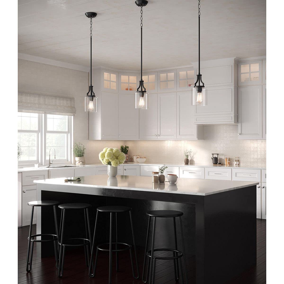 Lassiter Collection 1-Light Clear Glass Modern Pendant Light Fixture - Matte Black Finish for Kitchen Island, Dining Room, and Living Room Lighting