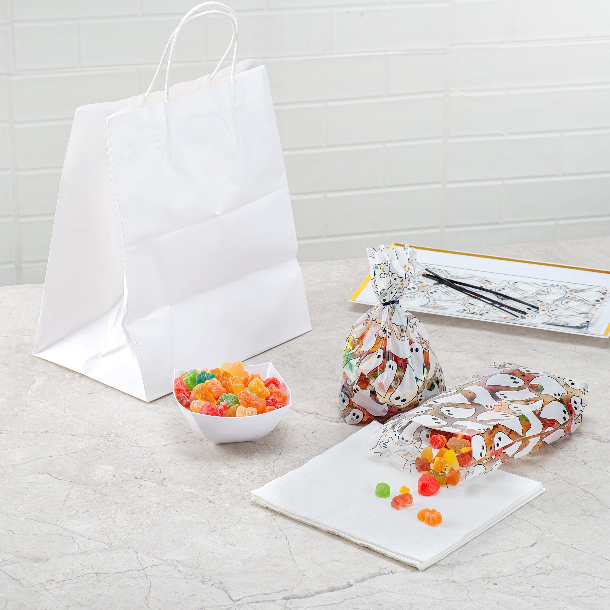 Plastic Candy Bags for Halloween - 4x2x9.5 Inch Gusseted Ghost Design Treat Bags (4000 Count Bulk Pack) - Perfect for Party Favors, Trick or Treat, and Candy Packaging