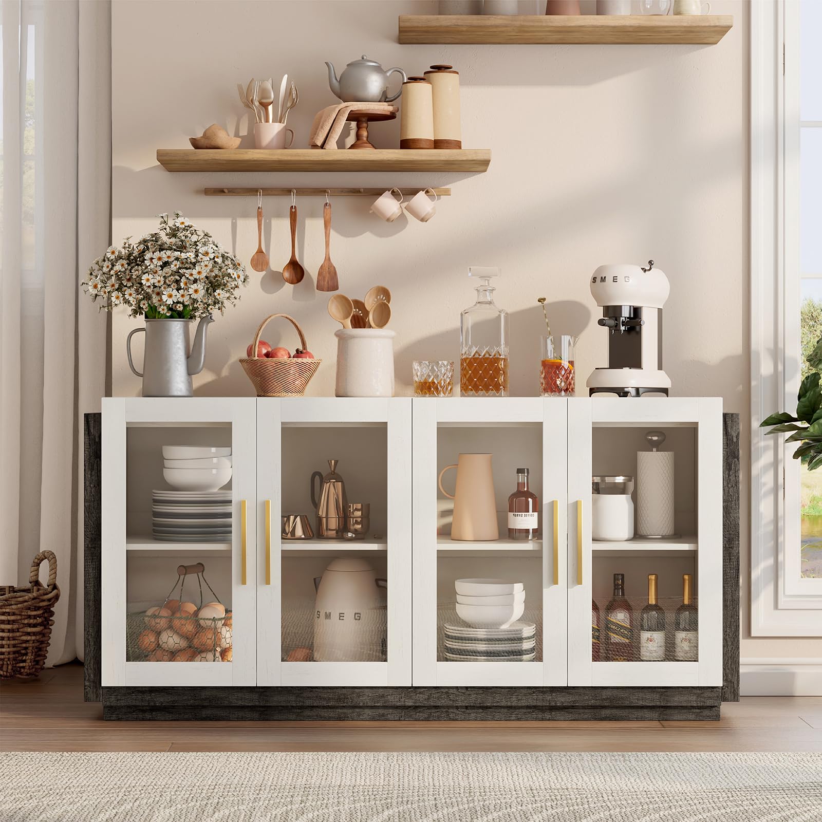 AMERLIFE Modern Sideboard Buffet Cabinet with LED Lights - White & Grey Accent Storage Cabinet with Glass Doors & Adjustable Shelves for Dining Room & Living Room | Perfect for Displaying China, Storing Linens, or as a Stylish TV Stand