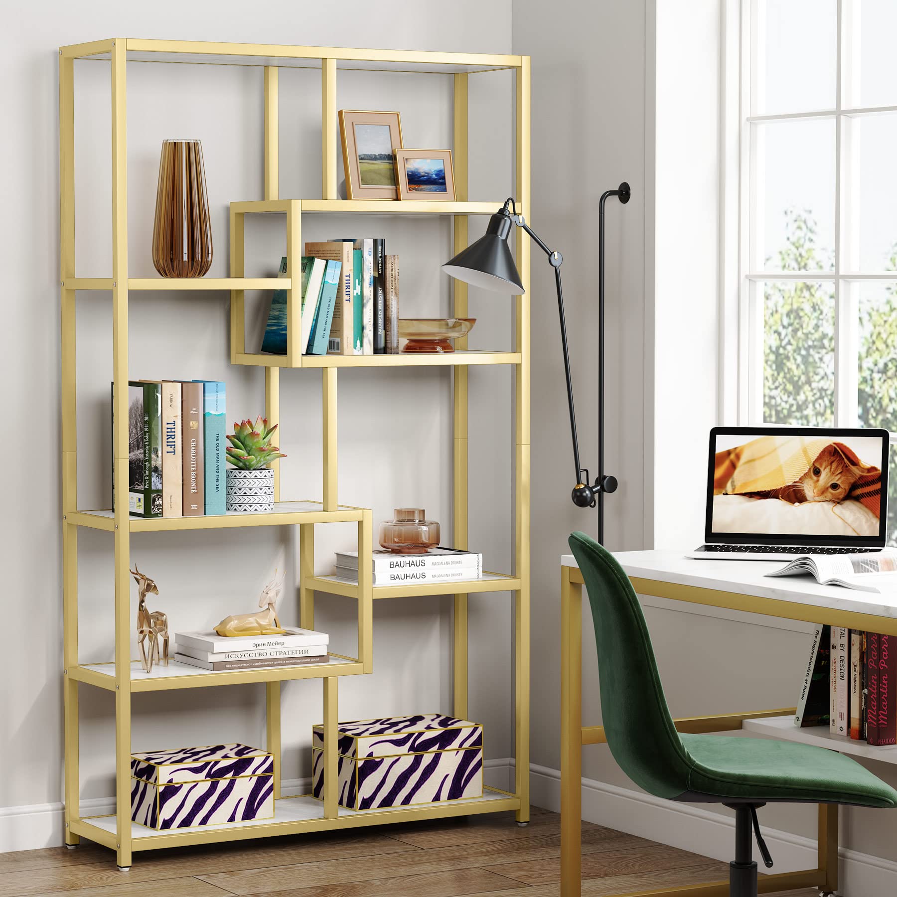Tribesigns 8-Tier Gold Bookcase with Faux Marble - Modern Open Shelf Book Shelf for Home Office, Living Room & Bedroom - Stylish Storage Organizer for Books, Decor & Display Items