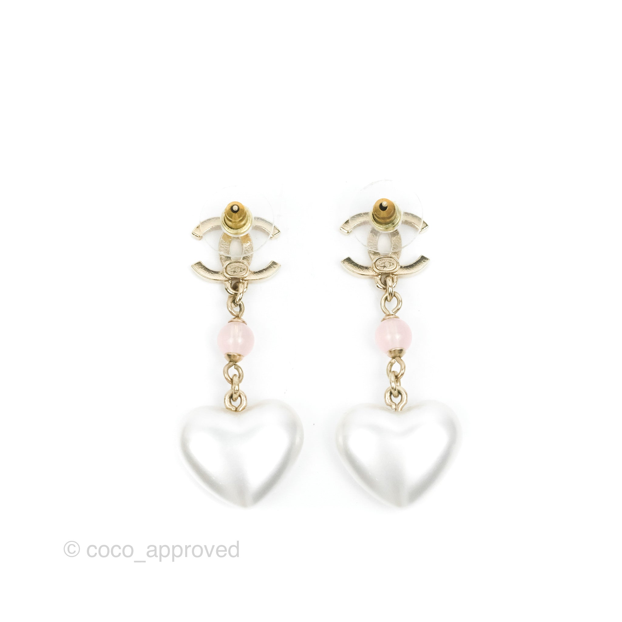 Chanel CC Pink Bead Heart Pearl Crystal Drop Earrings - Gold Tone 21B Collection | Luxury Fashion Jewelry for Women, Perfect for Parties, Weddings & Special Occasions