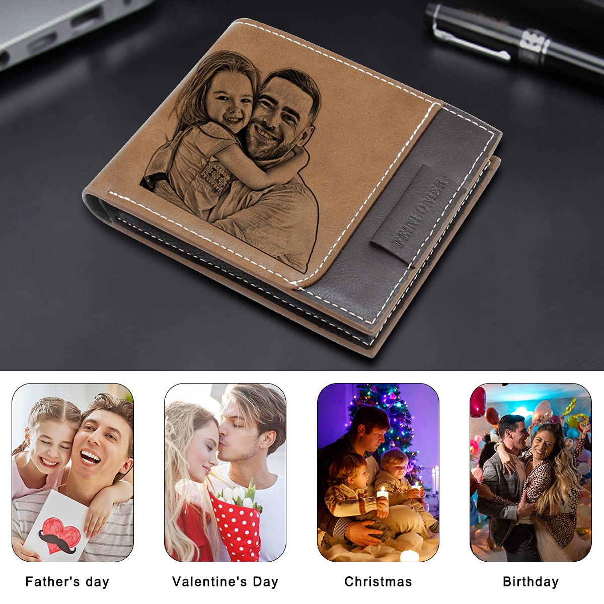 Custom Engraved Men's Leather Wallet - Personalized Photo & Text Gift for Dad - Perfect for Father's Day, Anniversary & Birthday Presents | Durable RFID Blocking Wallet for Everyday Use & Travel