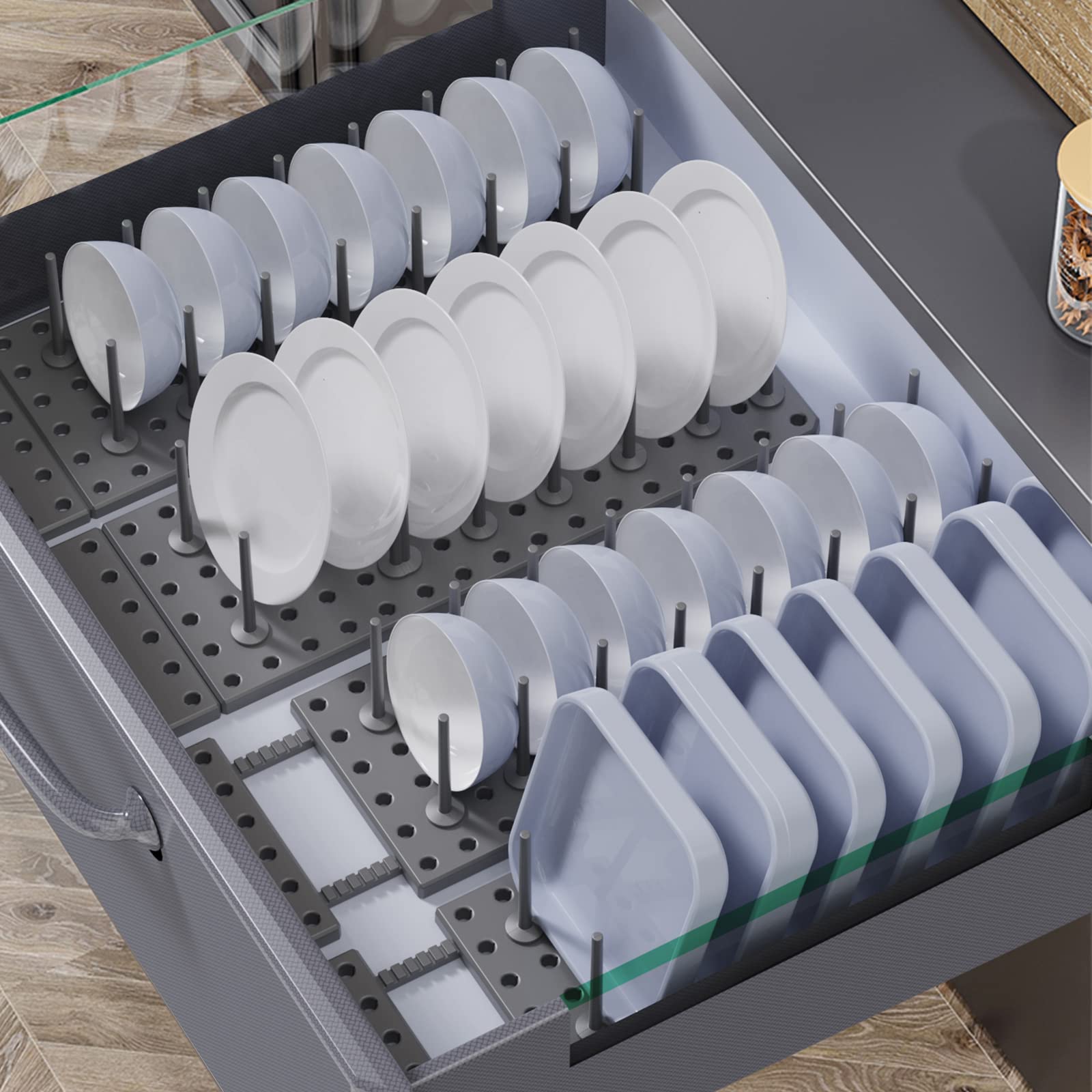 2-Pack Grey Kitchen Cabinet Organizer - Adjustable Pegboard Tray for Dish Rack & Plate Storage | Space-Saving Drawer Organizer for Utensils, Spices & Kitchenware | Perfect for Small Kitchens & Apartment Living