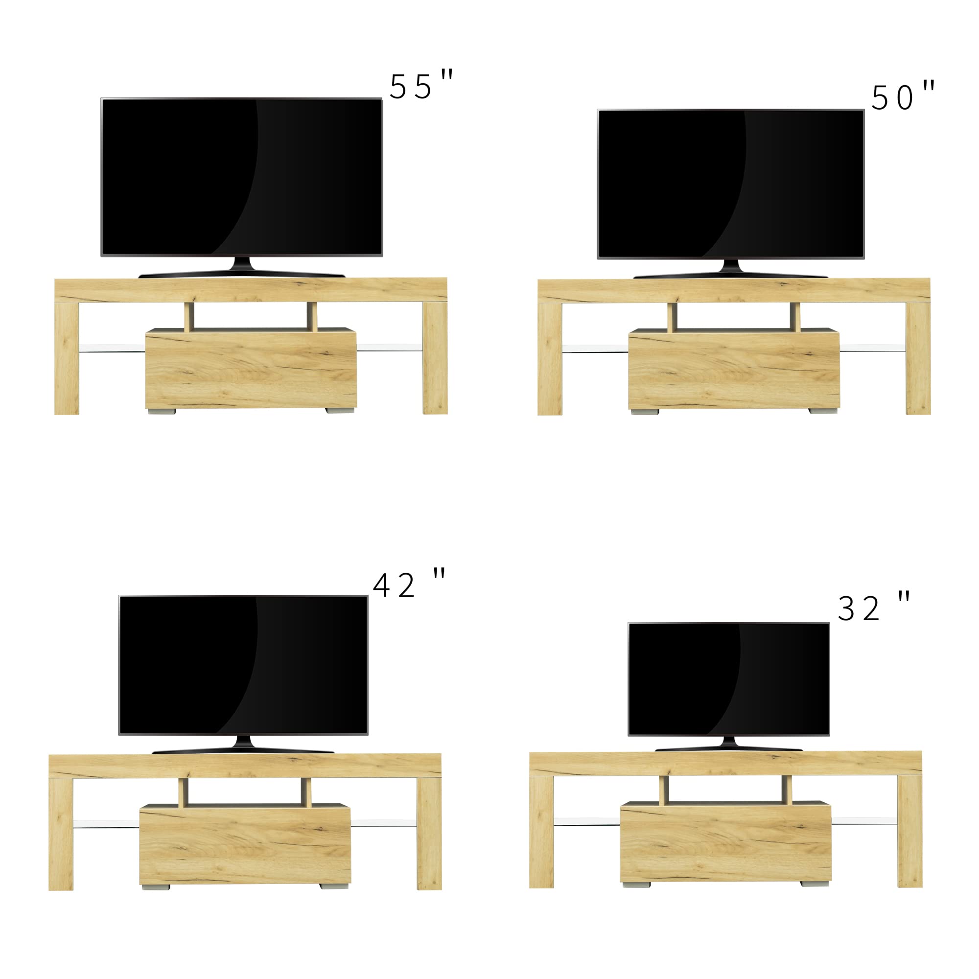 Modern TV Stand with RGB LED Lights - Oak Wood Entertainment Center for Flat Screen TVs & Gaming Consoles - Perfect for Living Room, Lounge & Home Theater Setup