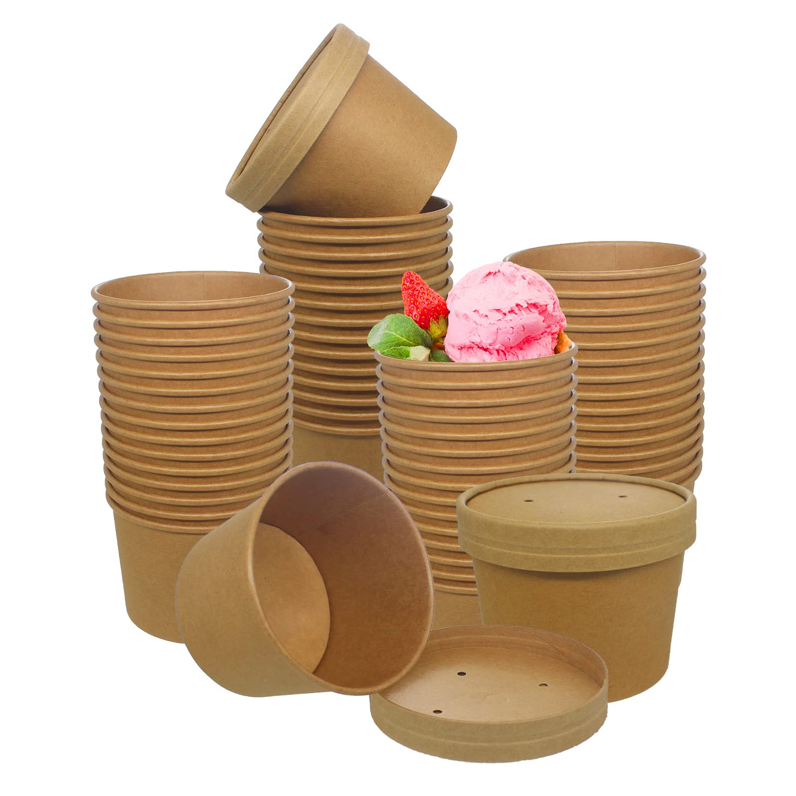 Eco-Friendly Kraft Paper Ice Cream & Soup Cups with Lids - 12oz Disposable Containers (50 Pack) for Parties, Takeout & Dessert Shops