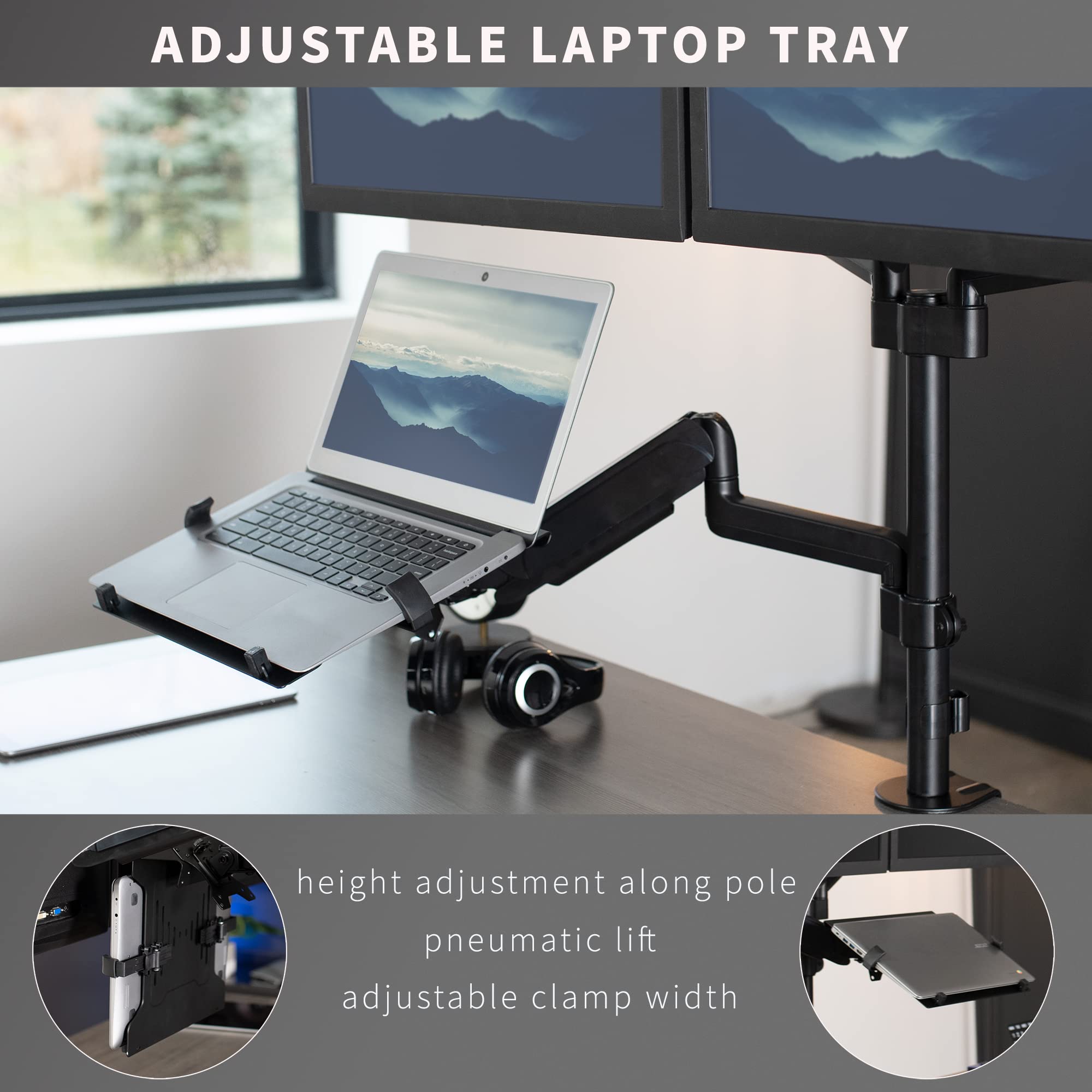 VIVO Dual Monitor and Laptop Mount Stand - Adjustable Pneumatic Arm for 17 to 32 inch Screens & 10 to 15.6 inch Notebooks, Includes Laptop Tray, C-Clamp and Grommet Base - Perfect for Home Office, Gaming Setup and Workspace Organization (Black, STAND-V003KL)