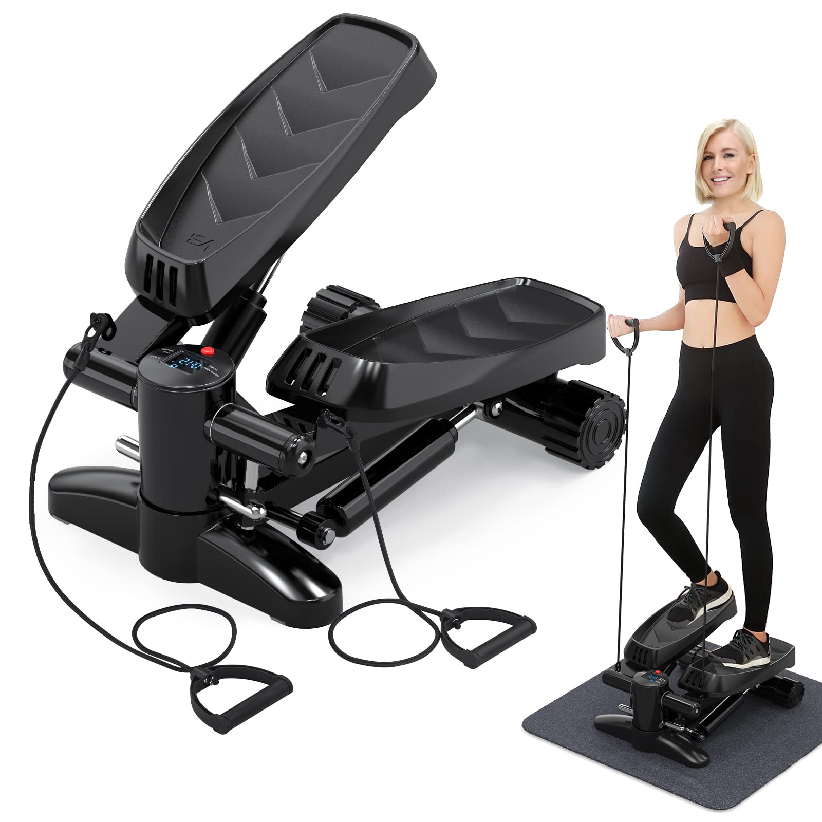 Tohoyard Mini Stepper Machine with LCD Display & Resistance Bands - Quiet Aerobic Stepper for Home Gym, Full Body Workout - Legs, Arms & Cardio Training Equipment (Black) | Perfect for Home Office Fitness & Small Space Exercise