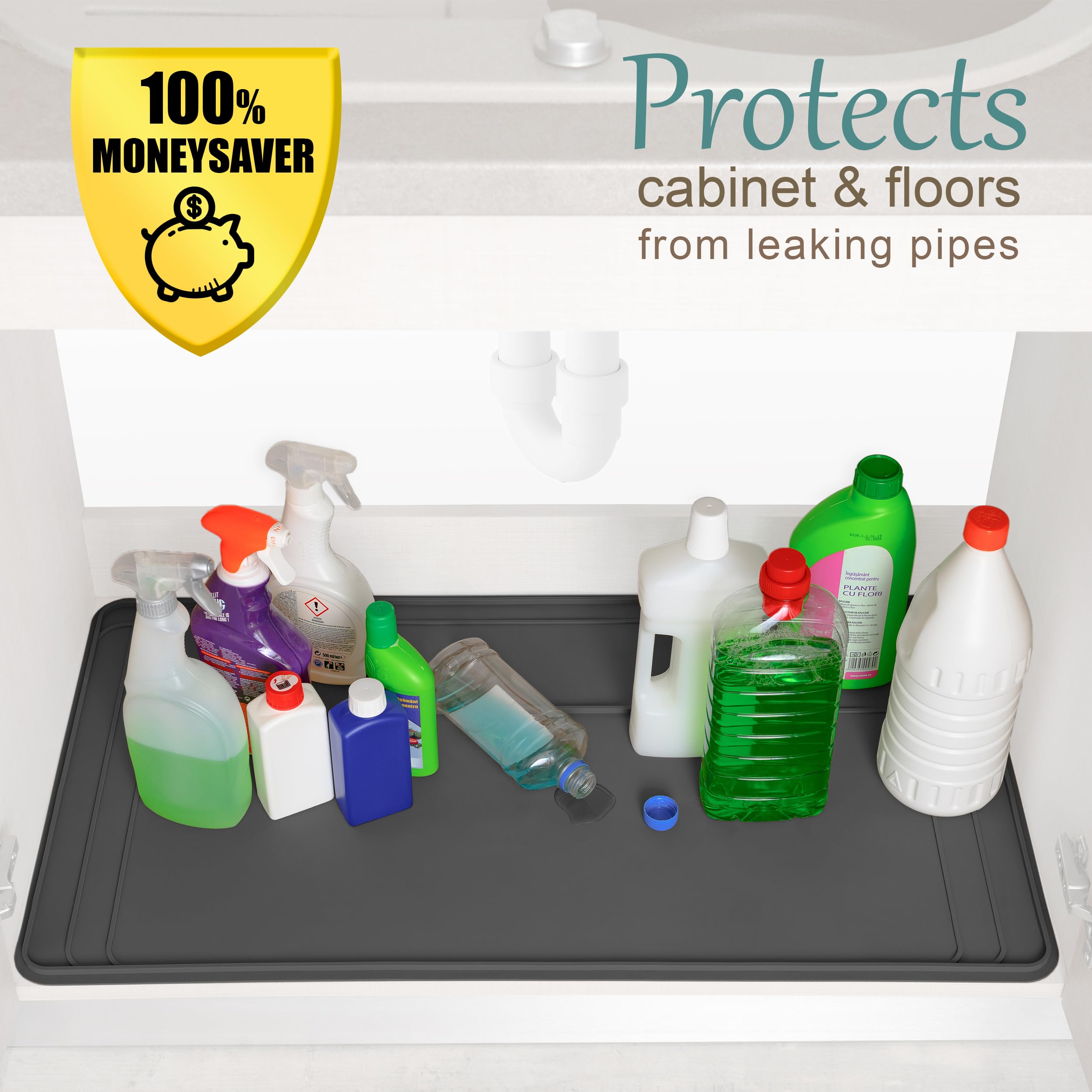 Premium Silicone Under Sink Mat - Waterproof, Trimmable & Easy Clean Kitchen Cabinet Liner - 34