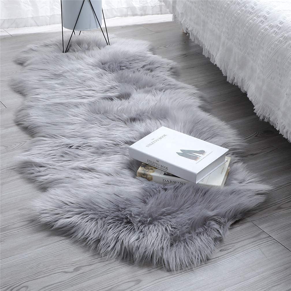 Soft Faux Fur Rug - White Sheepskin Chair Cover & Shaggy Area Rug for Bedroom, Sofa, Living Room Floor - Plush Home Decor (Gray, 2x5.3 Feet) - Perfect for Cozy Winter Decor & Pet-Friendly Spaces