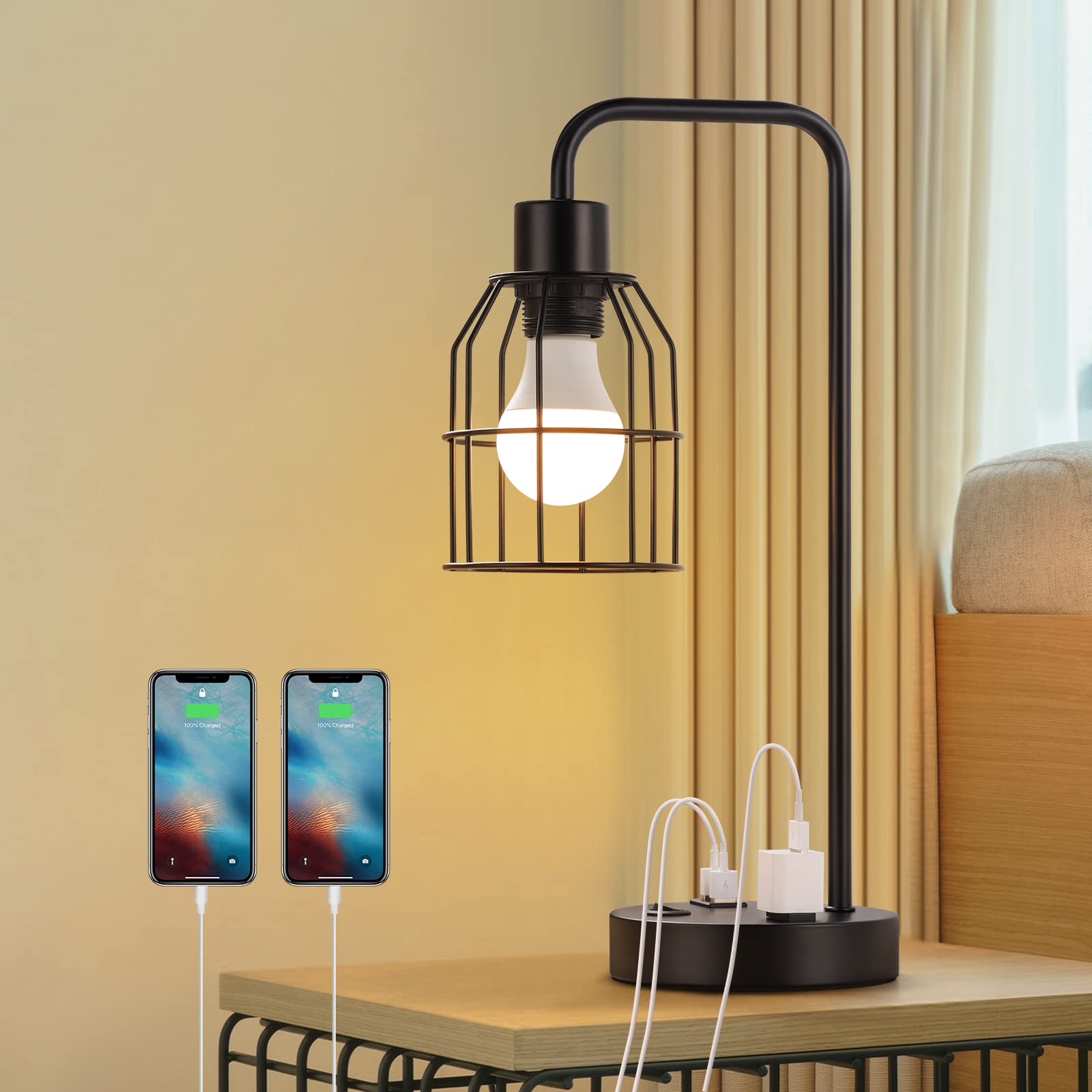 Modern Industrial Table Lamp with Dual USB Charging Ports & AC Outlet - Adjustable Cage Shade LED Desk Lamp for Bedroom Nightstand, Office, Living Room - Perfect for Reading, Working & Charging Devices