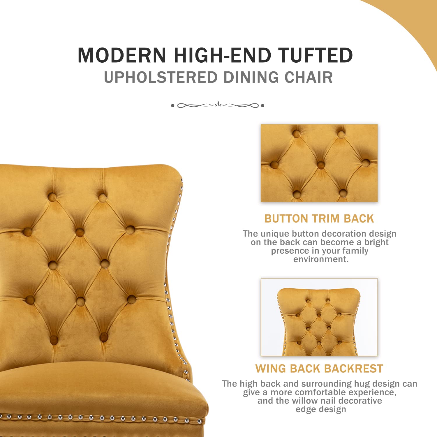 Luxury Velvet Dining Chairs Set of 2 - Upholstered Tufted Accent Chairs with Ring Pull Trim & Button Back, Mid-Century Modern Dining Room Chairs for Kitchen, Living Room, Bedroom (Gold) | Perfect for Home Decor, Dinner Parties & Cozy Seating Areas