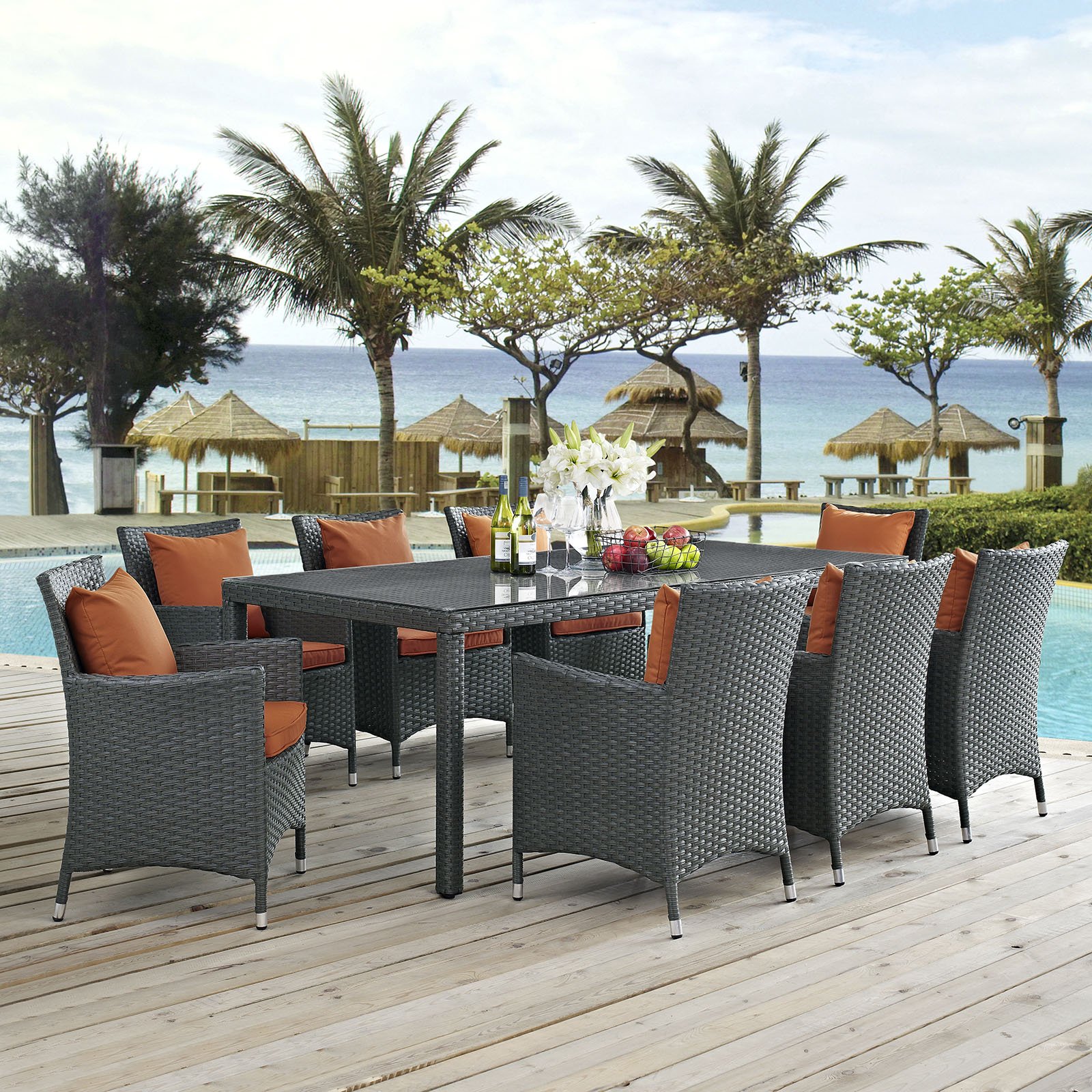Modway Sojourn 7-Piece Wicker Rattan Outdoor Patio Dining Set with Sunbrella Fabric - Waterproof & UV Resistant for Backyard, Garden, Poolside, and Terrace Use