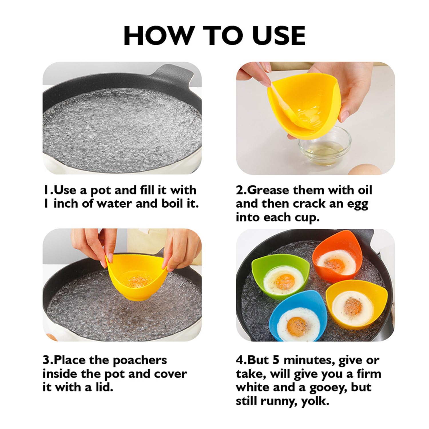 4pcs Silicone Egg Poacher Cups with Oil Brush - Nonstick BPA-Free Egg Cooking Cups for Air Fryer, Oven & Stovetop - Perfect for Breakfast, Meal Prep & Healthy Cooking