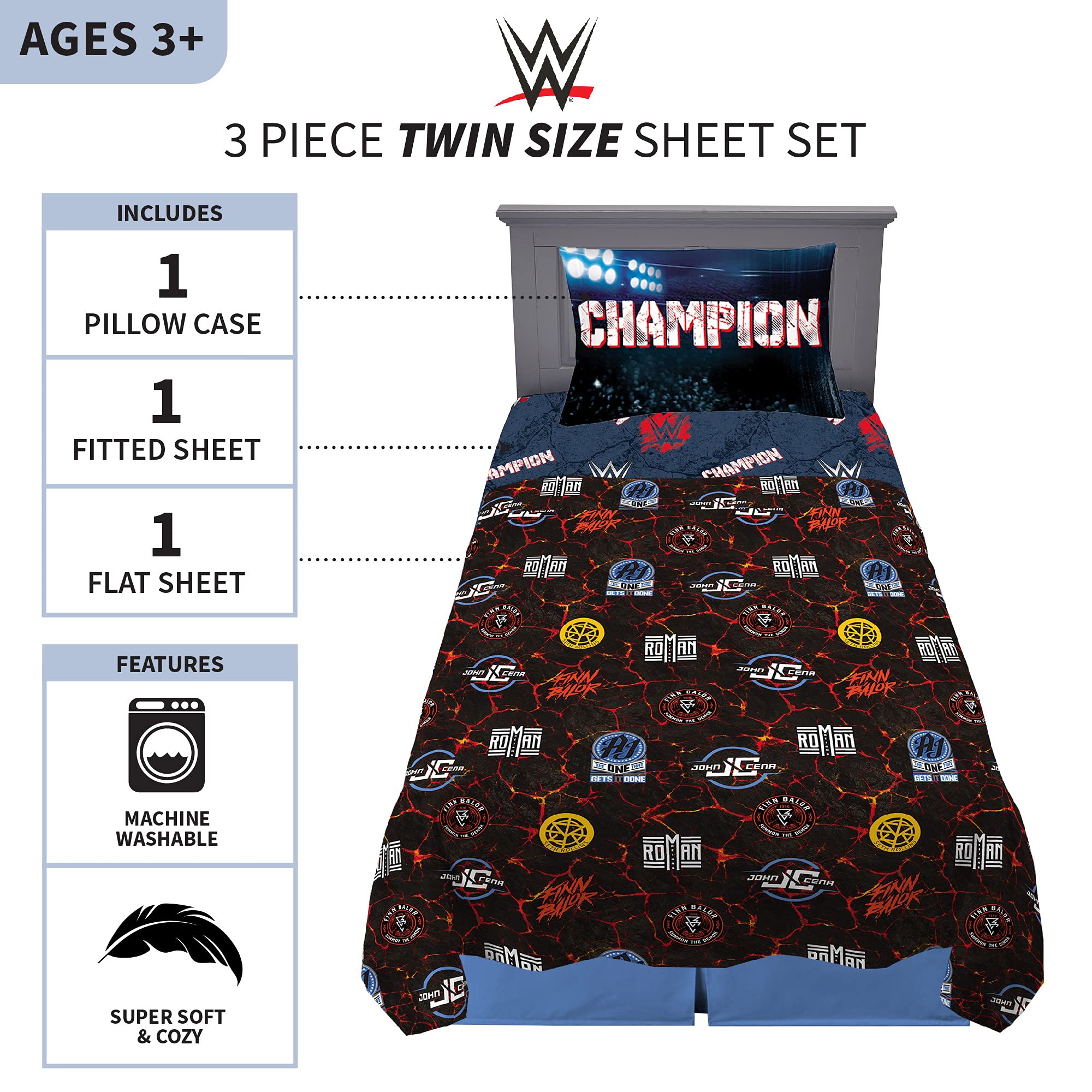 Franco Kids Bedding Sheet Set - Twin Size, WWE Themed, Soft & Breathable Cotton - Perfect for Boys' & Girls' Bedrooms, Sleepovers & Themed Room Decor