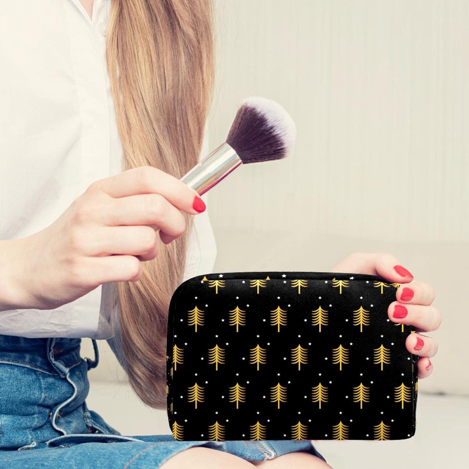 Large Golden Christmas Tree Pattern Makeup Bag for Women & Girls - Travel Cosmetic Organizer with Zipper, Portable Makeup Case for Daily Use, Parties & Holiday Gifts