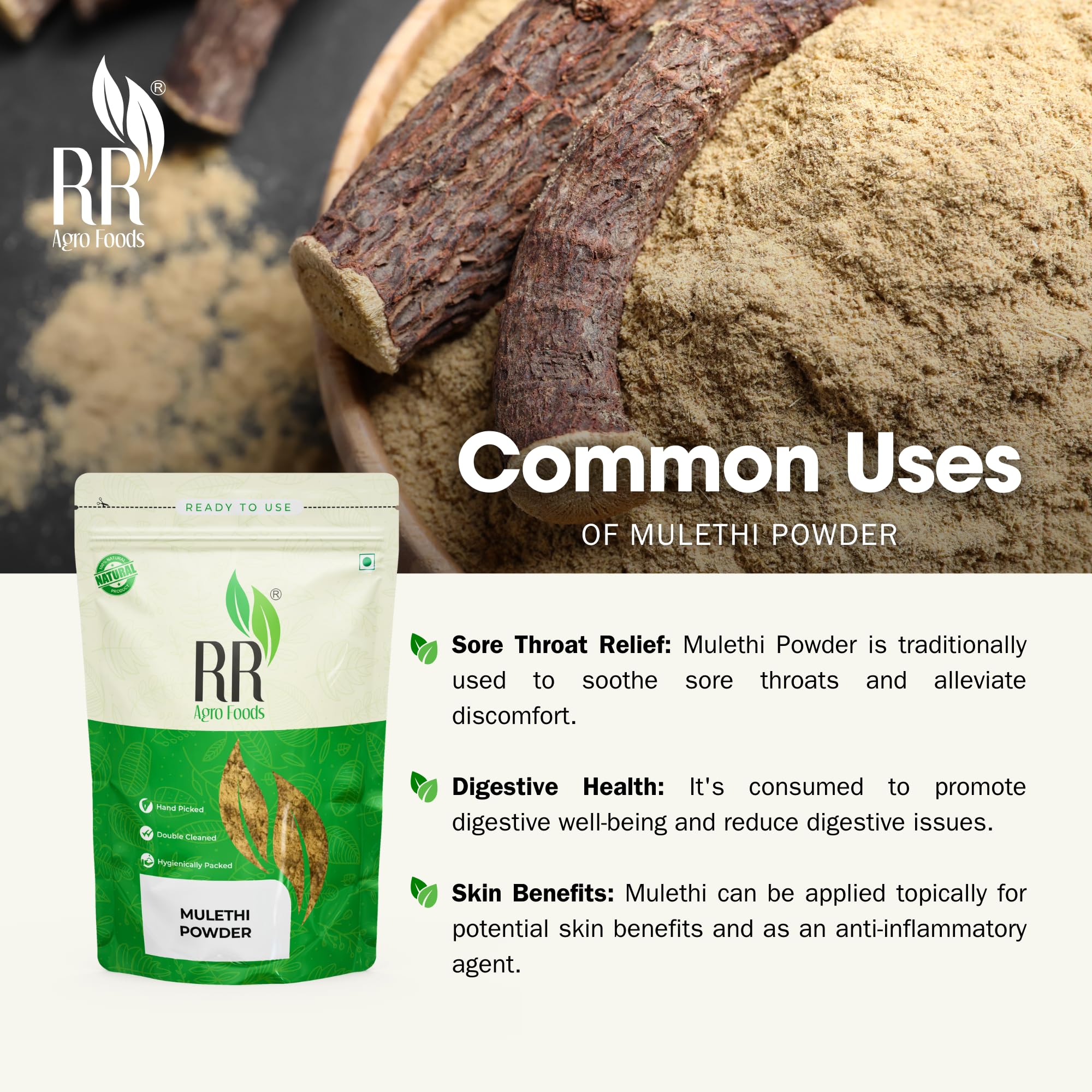 RR AGRO FOODS Natural Pure Mulethi Powder (Licorice Root) - 200g | Glycyrrhiza Glabra for Hair Growth & Skin Care | Ayurvedic Herbal Remedy for Dandruff, Acne & Glowing Skin | Perfect for DIY Face Masks & Hair Treatments