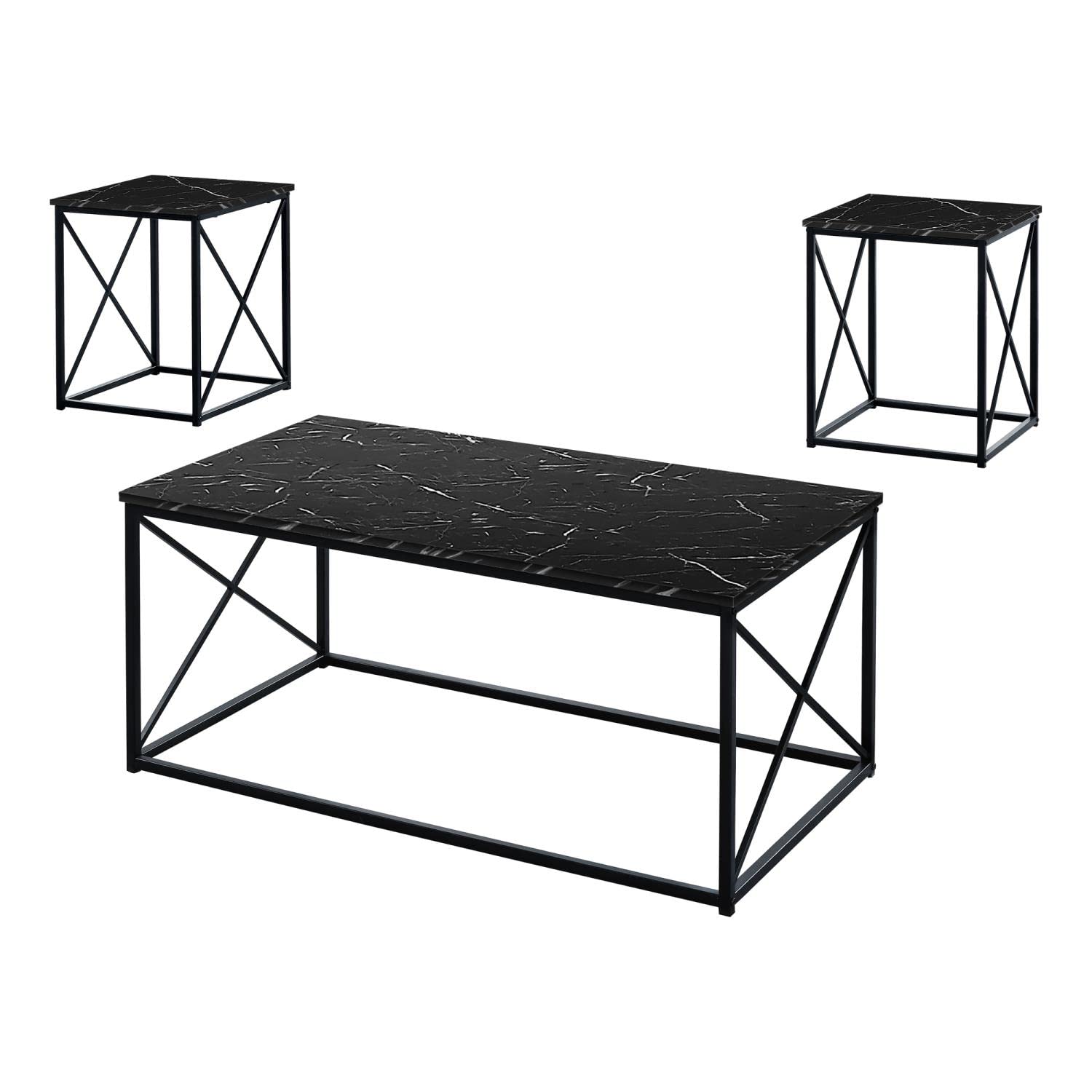 Monarch Specialties I 7954P 3-Piece Table Set - Coffee Table, End Table & Side Table - Black Marble Look Metal & Laminate - Contemporary Modern Living Room Furniture for Small Spaces & Apartments