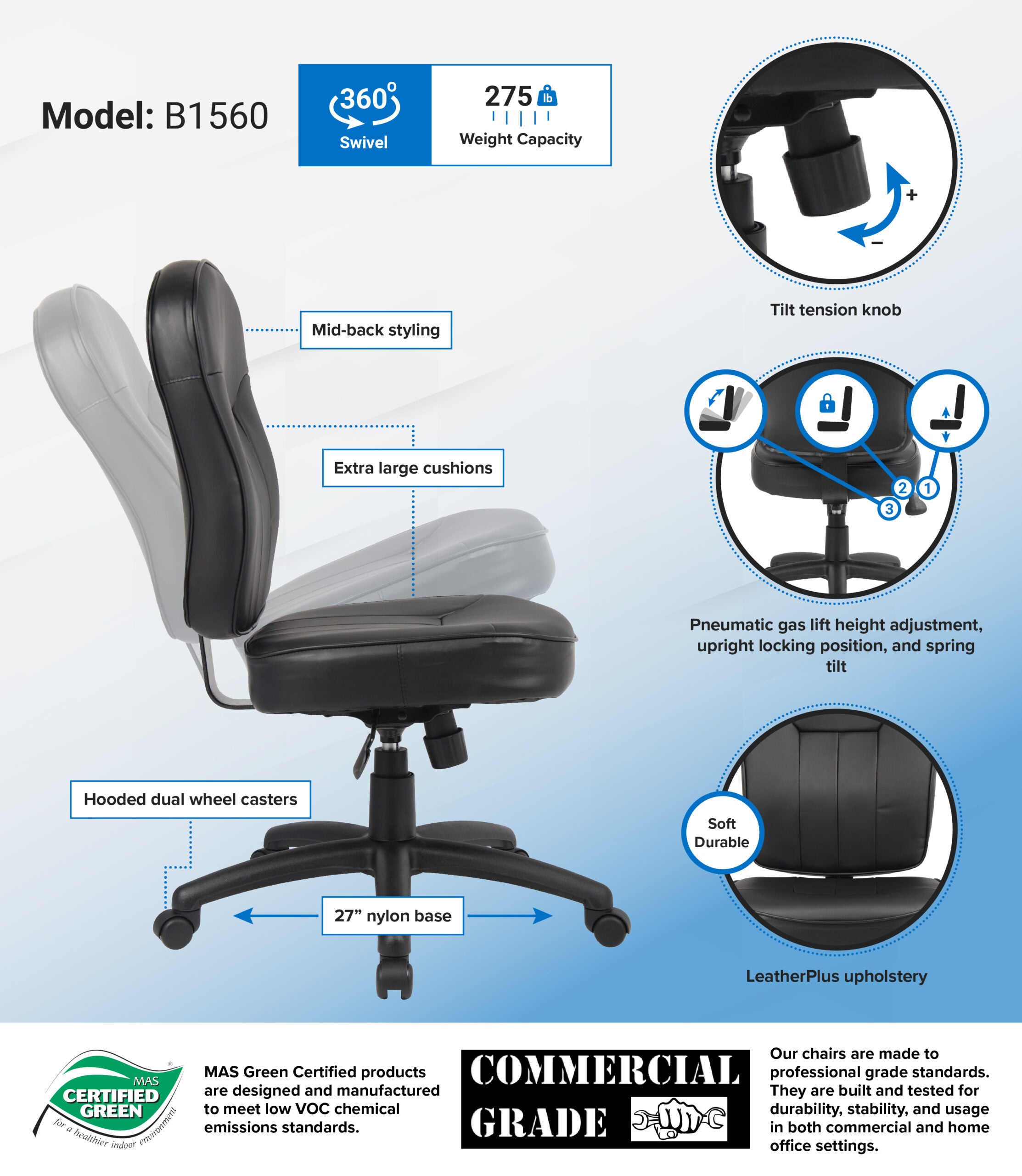 Premium Armless Leather Task Chair - Ergonomic Office Chair for Home & Workspace (Models B1560, B1562, B1563) | Ideal for Small Spaces, Conference Rooms & Modern Workstations