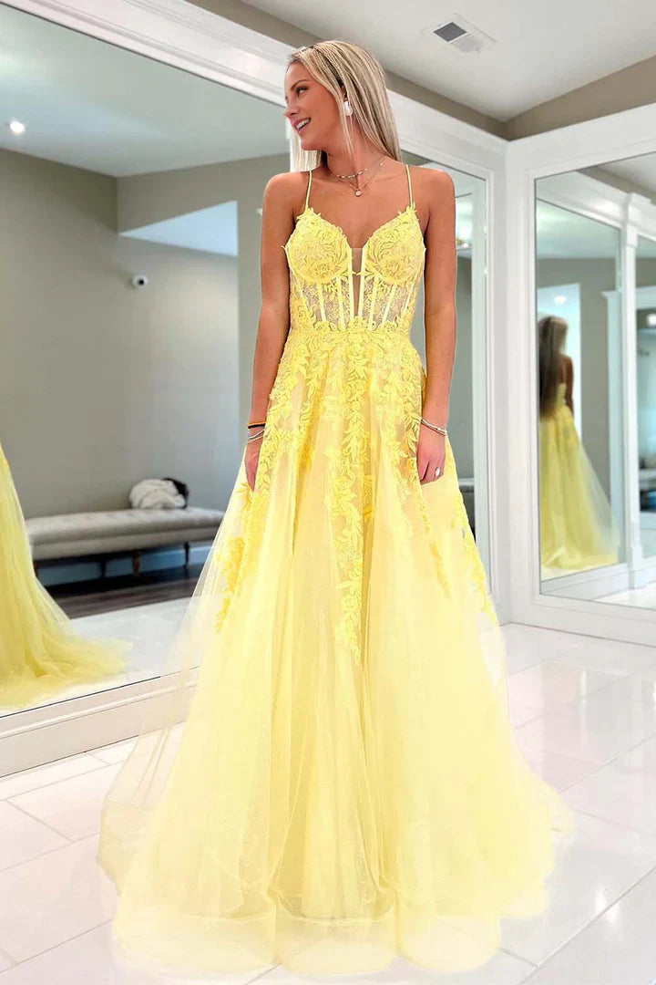 Elegant Long Yellow Floral Prom Dress with A-Line Silhouette & Spaghetti Straps - Perfect for Homecoming, Formal Dances & Special Occasions