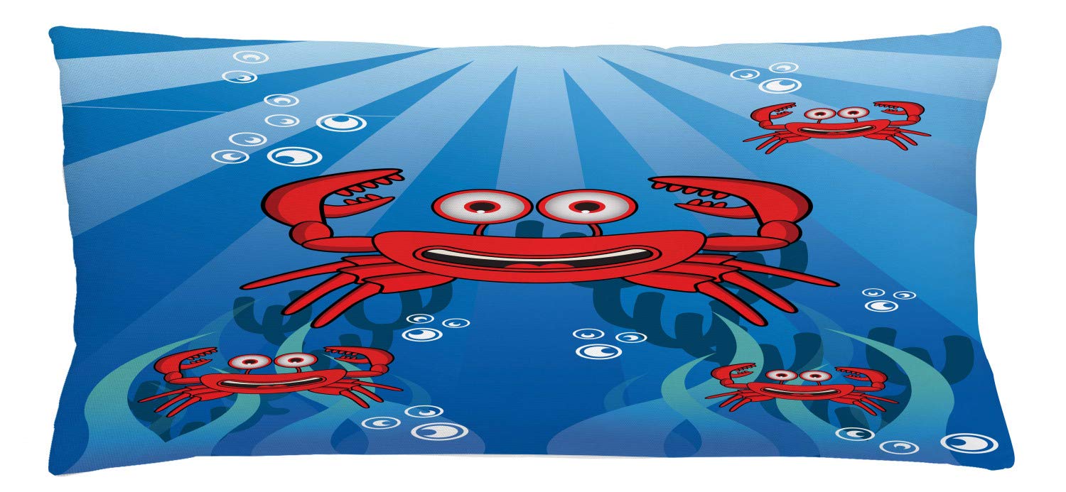 Ambesonne Funny Crab Throw Pillow Cover - 36x16 Inch Blue Red Underwater Theme with Smiling Crabs, Bubbles & Coral - Decorative Rectangle Cushion Case for Living Room, Bedroom, or Beach House Decor