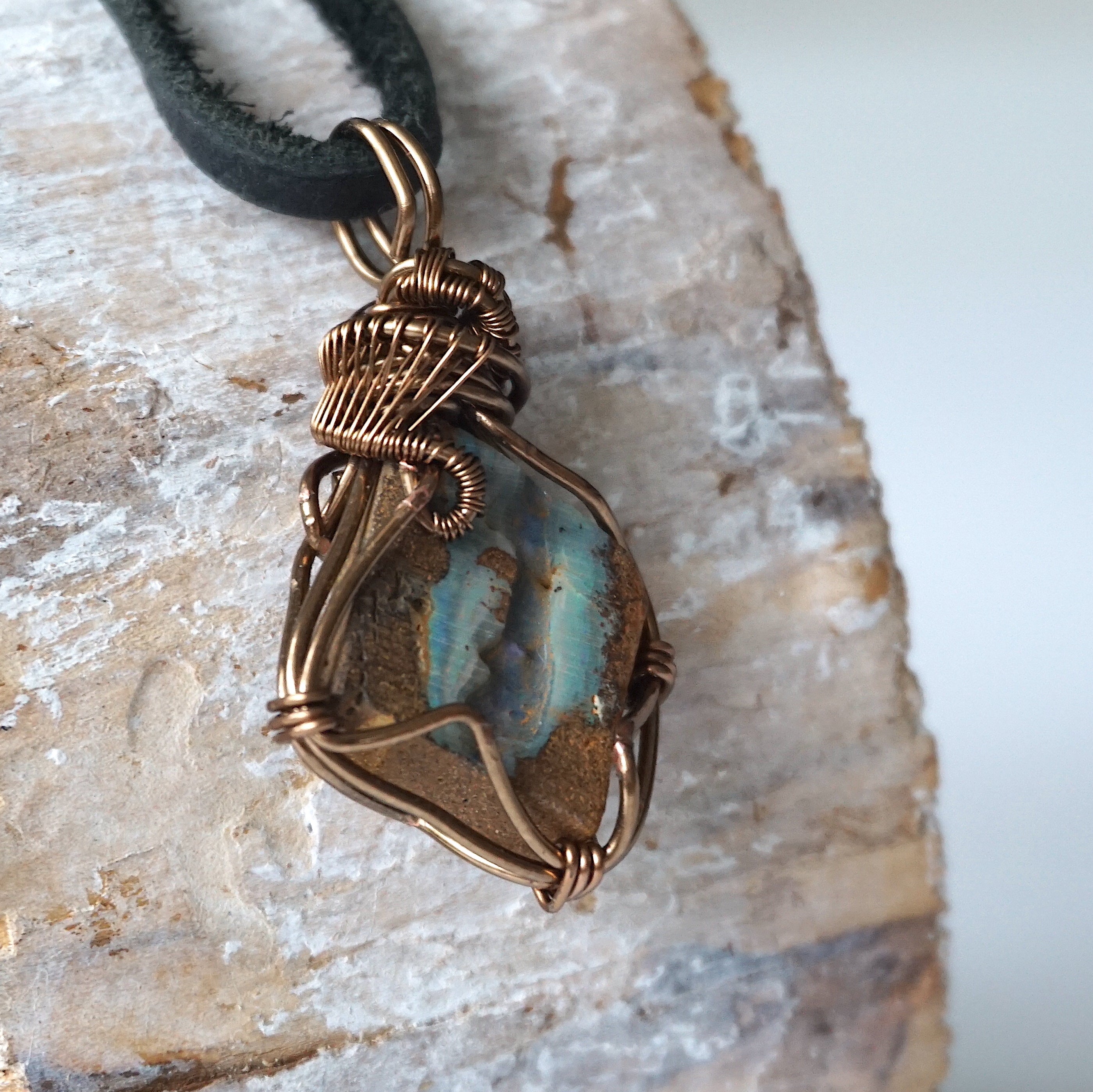 Blue Boulder Opal Pendant Necklace in Antique Brass - Elegant Bohemian Jewelry for Women, Perfect for Weddings, Parties & Everyday Wear