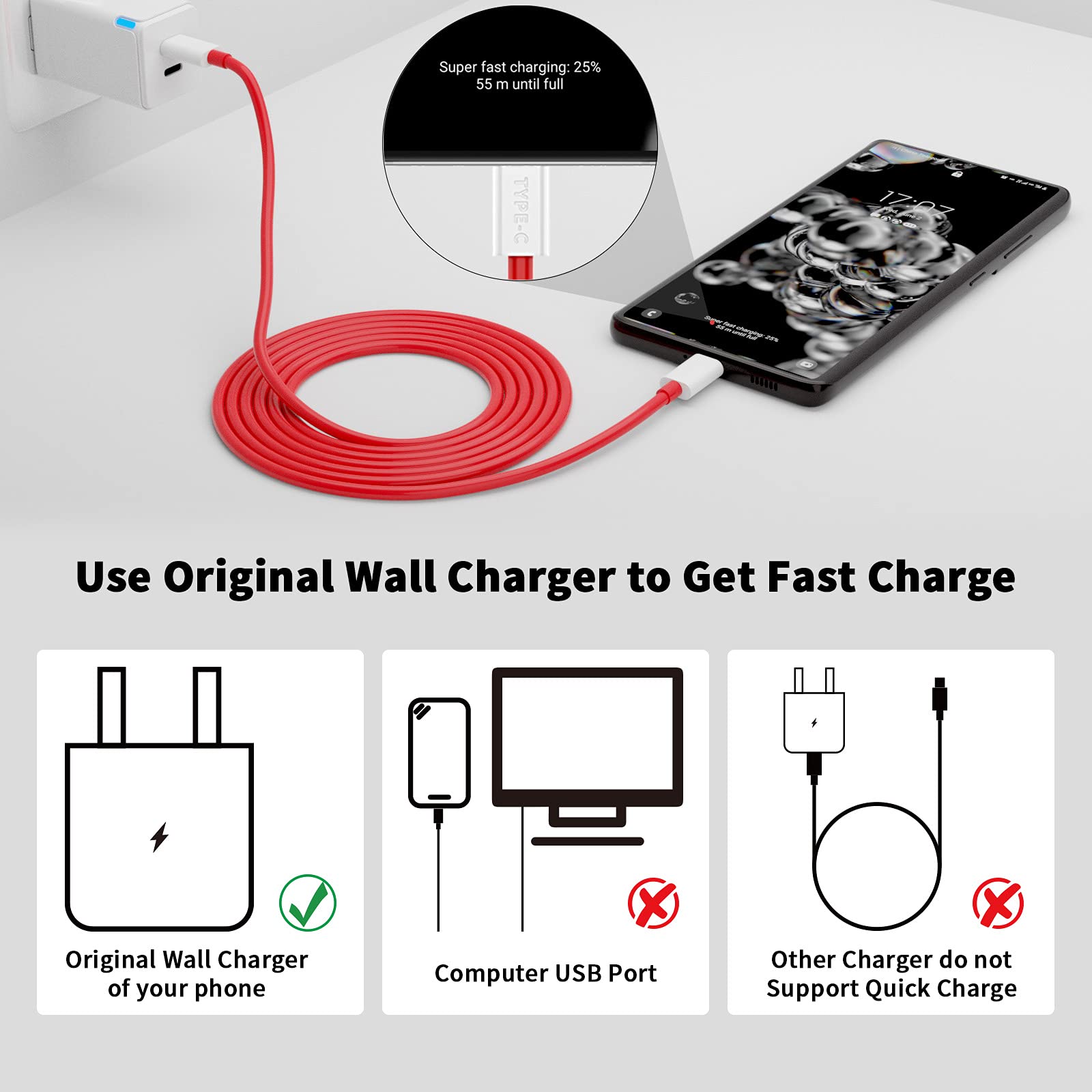 SUPERVOOC USB-C to USB-C Cable 6.6FT 2-Pack - 65W Fast Charging Type C Cable for OnePlus 10T 9 Pro 8T 8 Pro 7T, iPad Pro, MacBook Pro/Air - Perfect for Home, Office & Travel Charging