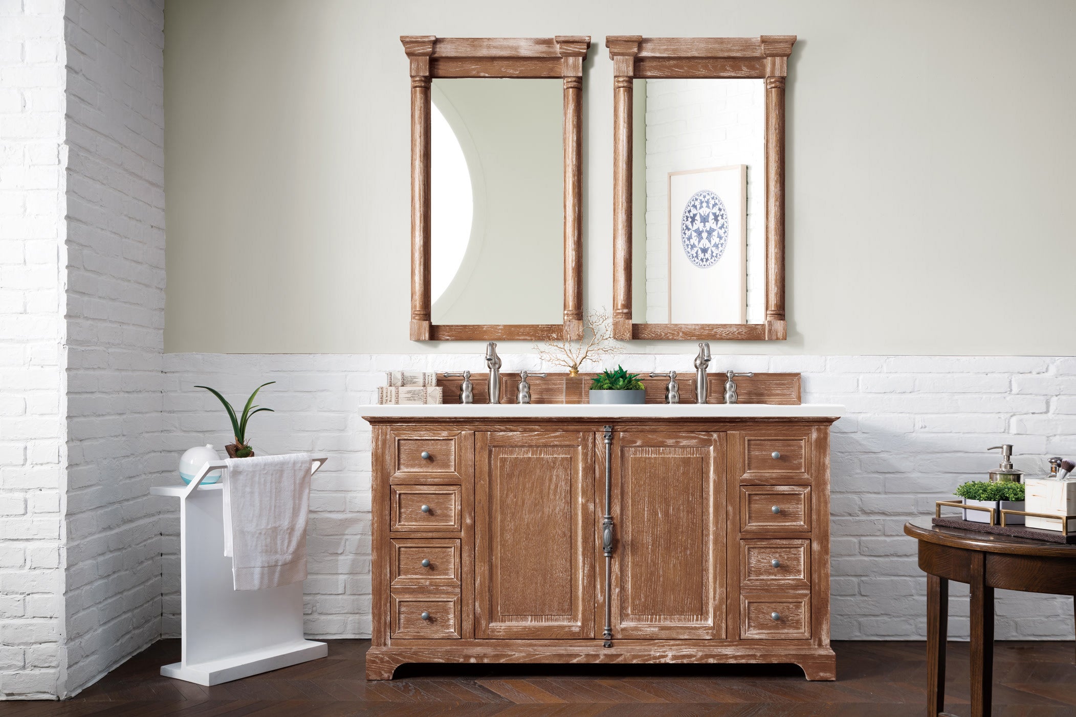 Providence 60 Inch Double Vanity Cabinet in Driftwood Finish with 3CM Classic White Quartz Top – Perfect for Modern Bathroom Renovations & Spa-Like Master Suites