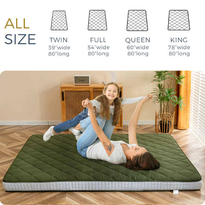 MAXYOYO Diamond Patterned Padded Japanese Floor Mattress - Extra Thick Quilted Mattress Topper in Green | Perfect for Guest Beds, Meditation & Small Spaces