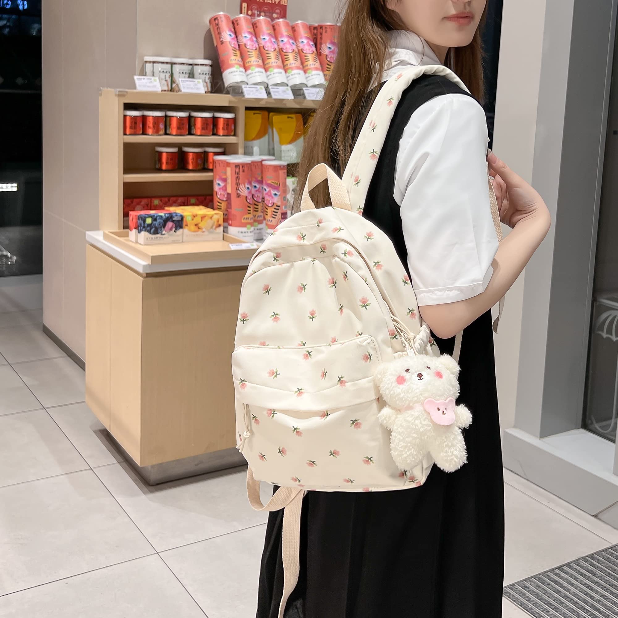 Kawaii Floral Backpack with Pendant - 12.2 Inch Cute Aesthetic Medium School Bag for Women & Teens (White) - Perfect for School, Travel & Everyday Use
