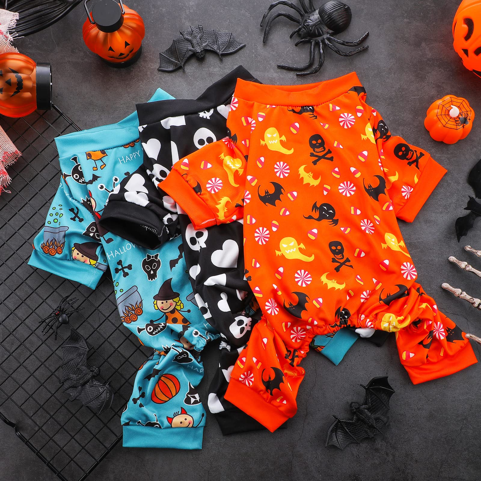 5-Piece Dog Winter Pajamas Set - Cute Puppy Bodysuit with Skull & Ghost Print, Pumpkin Pet Costume for Halloween - Warm Holiday Dog Shirts for Small Medium Large Dogs - Perfect for Christmas, Halloween Cosplay & Indoor Winter Wear