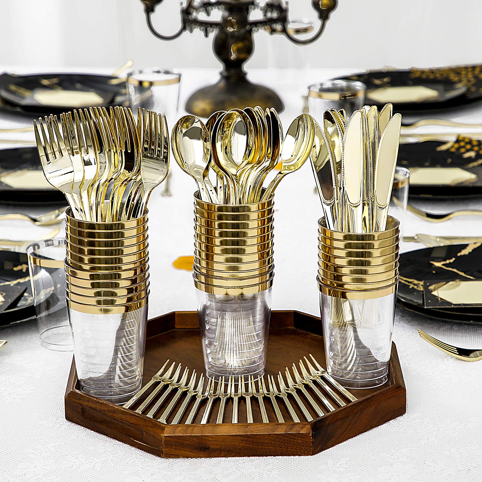 225-Piece Black & Gold Disposable Plastic Dinnerware Set - 25 Dinner Plates, Dessert Plates, Forks, Gold Cups, Napkins & Table Cards - Elegant Party Supplies for Halloween, Weddings & Special Events