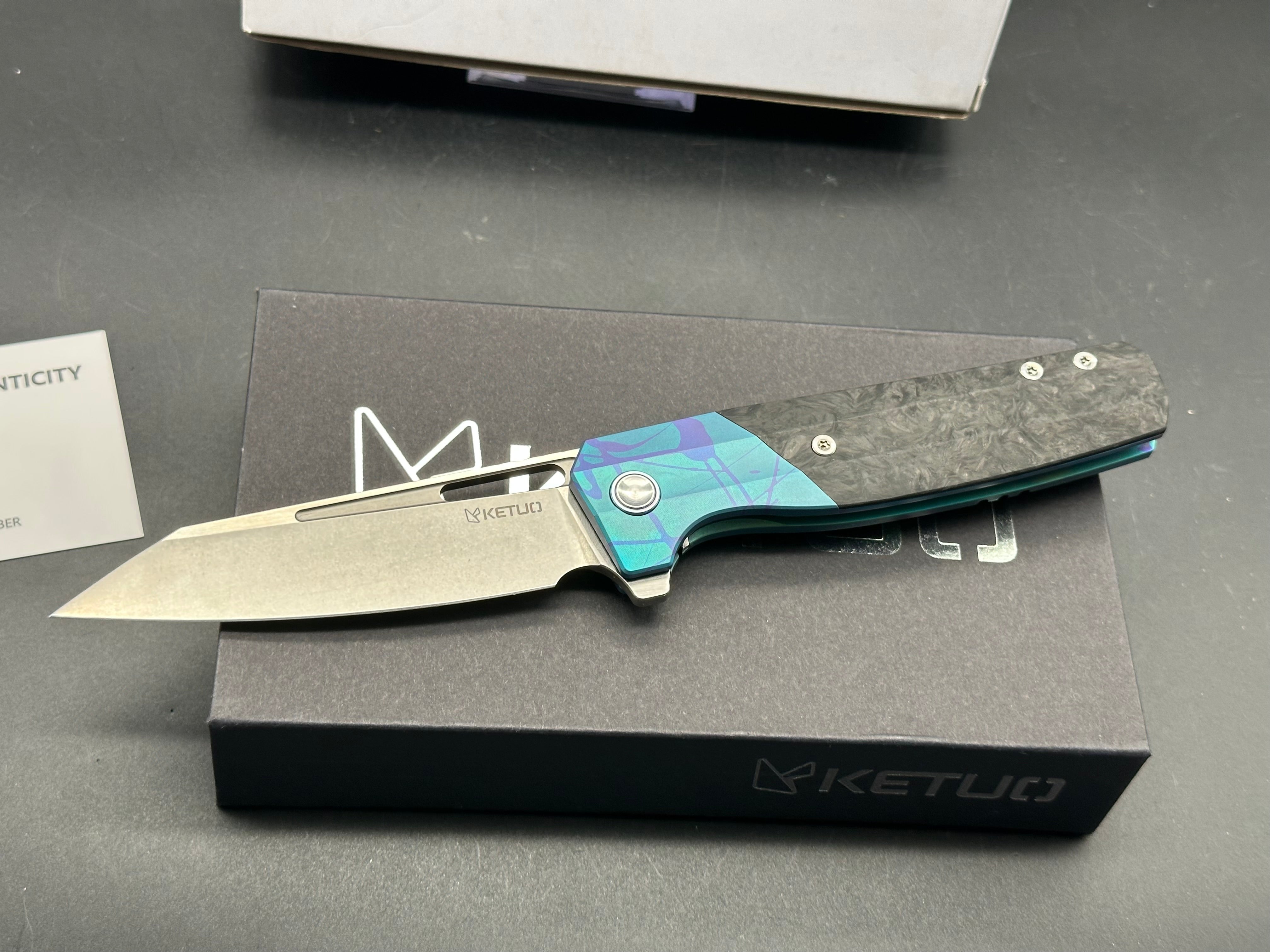Ketuo Knives Kamasu LE (20pcs) - Shred Carbon Fiber Inlay with Custom 80s Paint Print Titanium Frame - Premium Collectible Pocket Knives for Outdoor Camping, EDC & Survival Gear