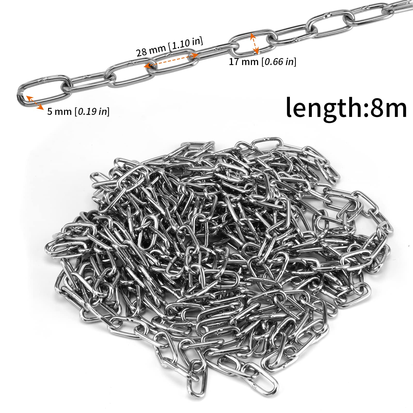 HOZEON 26 Feet x 3/16 Inch 304 Stainless Steel Heavy Duty Utility Chain - Silver | for Hanging, Camping, Guardrail, Swing, Towing | Outdoor, Industrial & Home Use