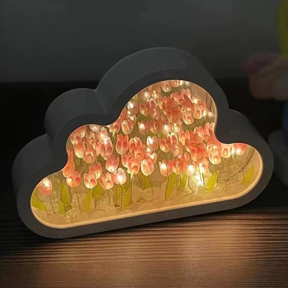 20-Piece Tulip LED Night Light with Mirror - Artificial Flower Table Lamp for Bedroom, Desk, Living Room Decor - Perfect Gift for Women, Girlfriend, Sisters - Cloud Design in Pink - Ideal for Bedside Lighting, Home Decoration, Romantic Gifts & Relaxing Ambiance
