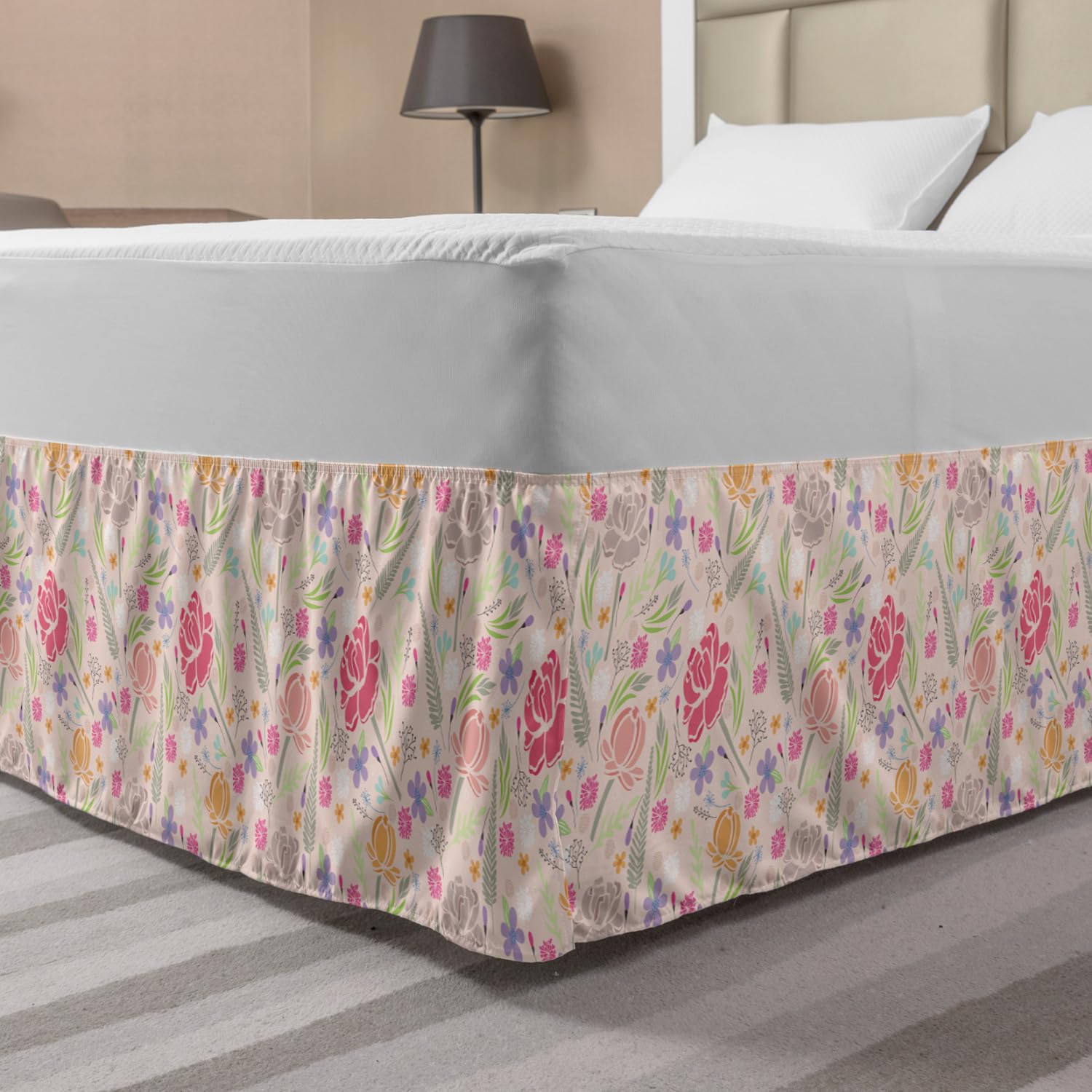 Ambesonne Queen Size Bed Skirt - Floral Botanical Design with Wildflowers & Peonies, Elastic Wrap Around Dust Ruffle for Bedroom Decor | Perfect for Spring Refresh, Guest Room Makeover & Romantic Bedroom Styling