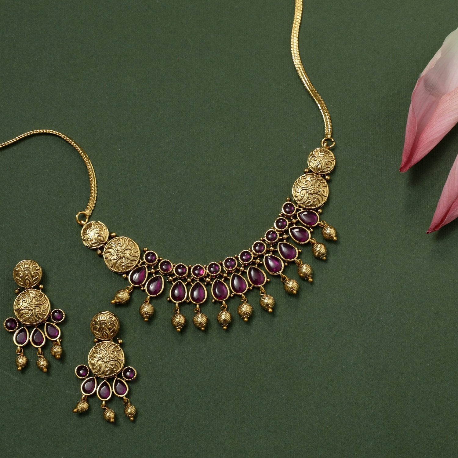 Vintage Aria Antique Red Kempu Necklace Set for Women | Handmade Indian Jewelry | Perfect for Weddings, Parties & Special Occasions