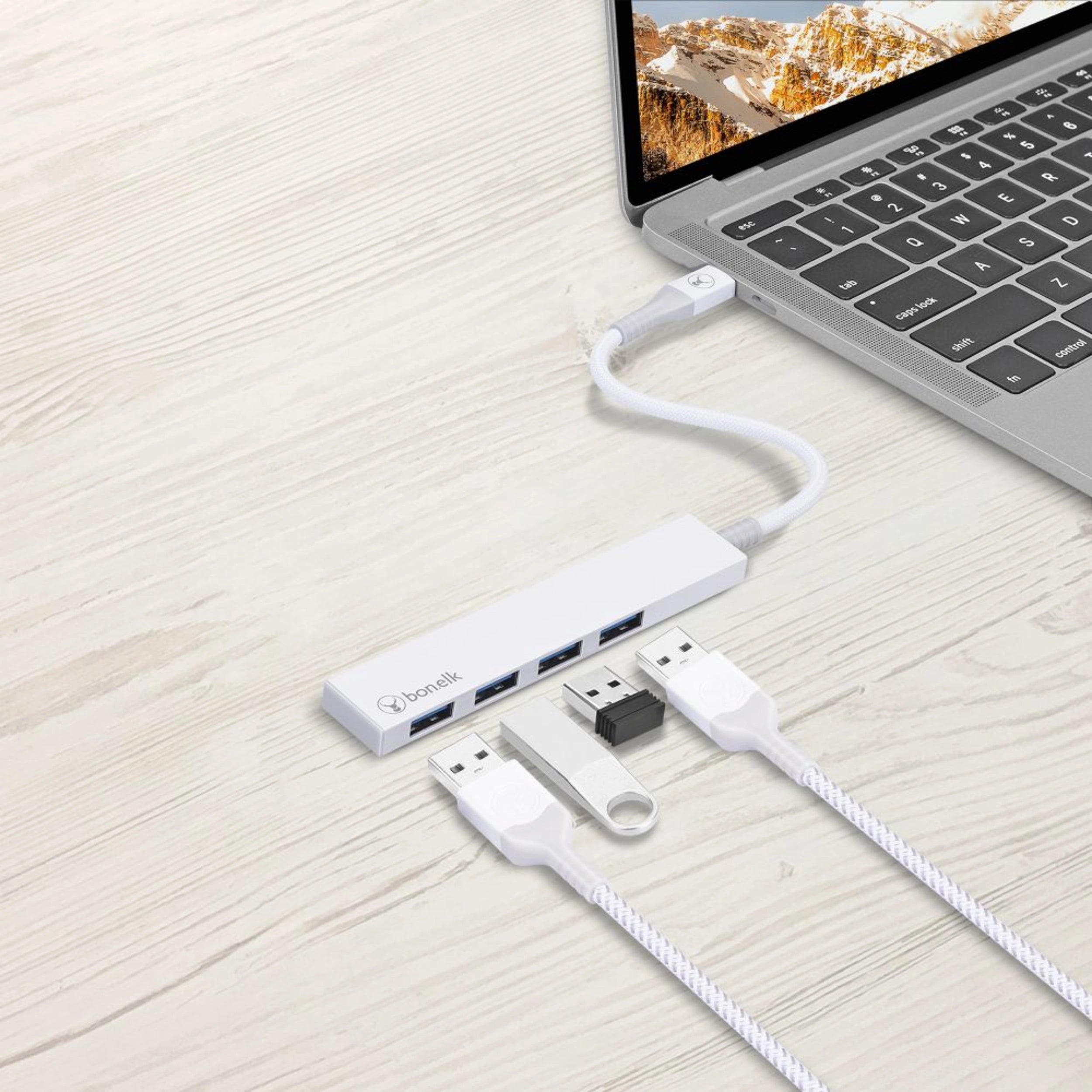 Bonelk 4-Port USB 3.0 Hub with USB-C Connector - Slim & Portable Multi-Port Adapter for Laptop, PC, MacBook - Fast Data Transfer & Charging (White) - Perfect for Home Office, Travel & Workspace Setup
