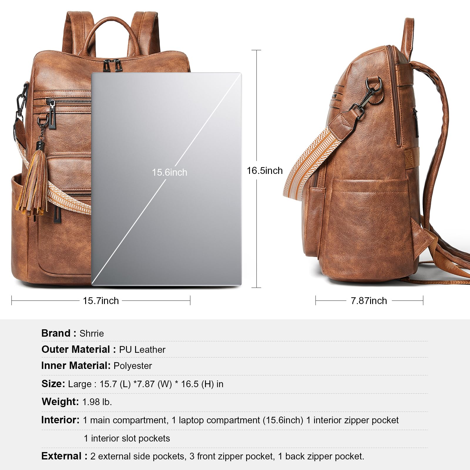 Shrrie 15.6 Inch Women's Laptop Backpack - Large Leather Travel Bag, Water Resistant Work Backpack for College, Office & Commuting - Two-Toned Brown - Perfect for Business Trips, School & Daily Use