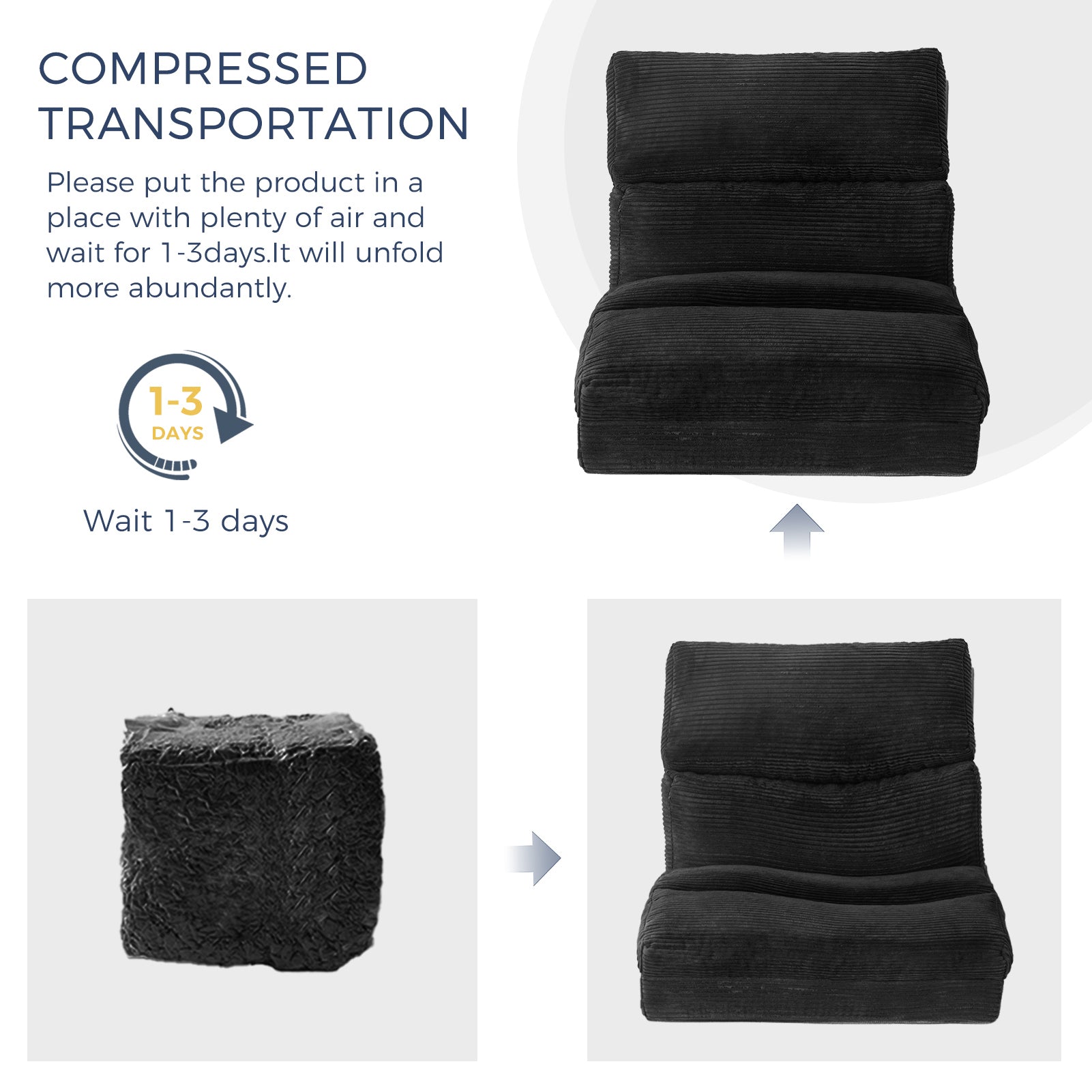 MAXYOYO Extra Wide Corduroy Bean Bag Folding Sofa Bed - Convertible Floor Mattress for Living Room, Bedroom & Guest Room (Black)