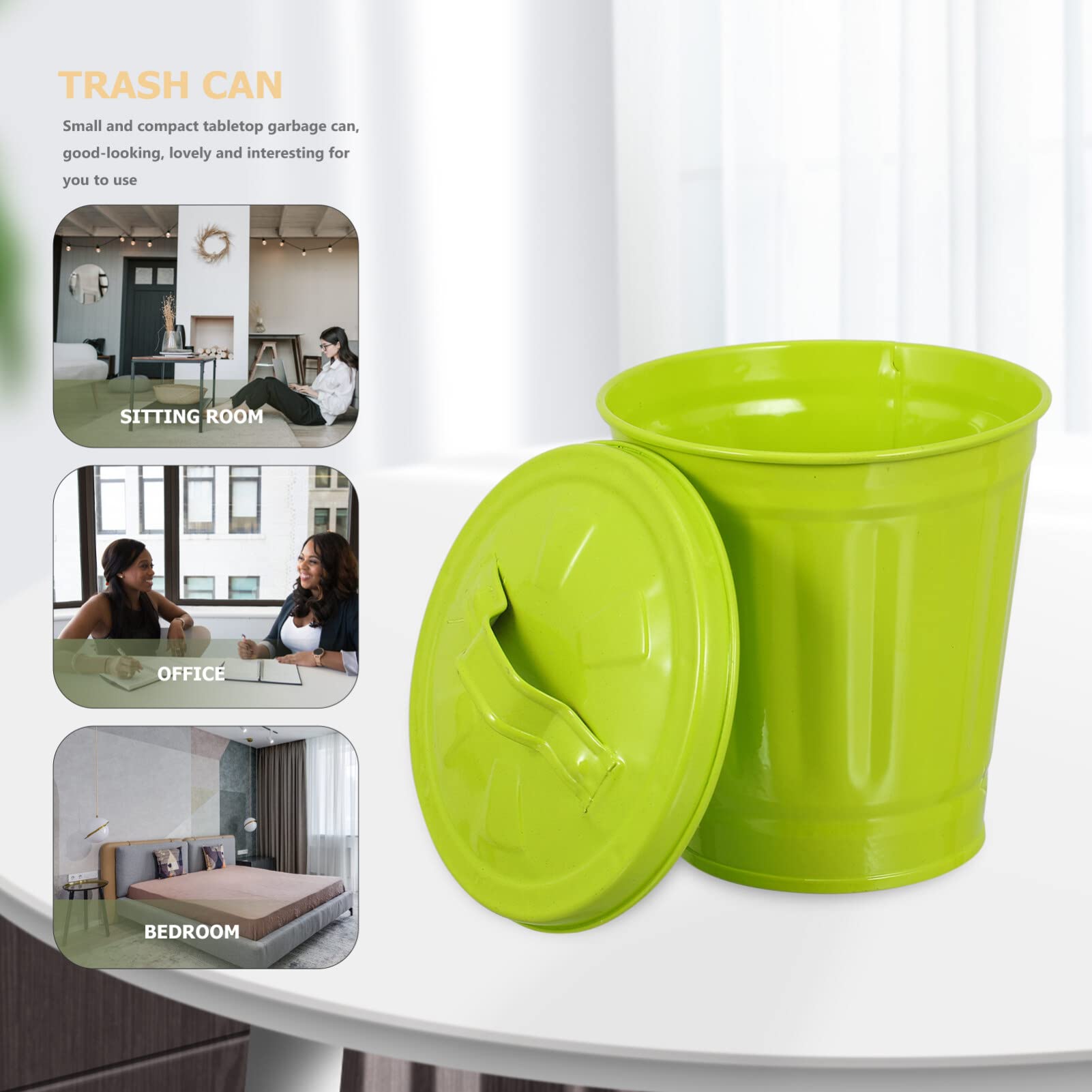 iplusmile Metal Trash Can with Lid - 1.6 Gallon Small Wastebasket for Office, Classroom, Kitchen & Bathroom - Green Desktop Garbage Can for Paper Waste & Recycling - Durable Utility Pail for Home, School & Office Organization